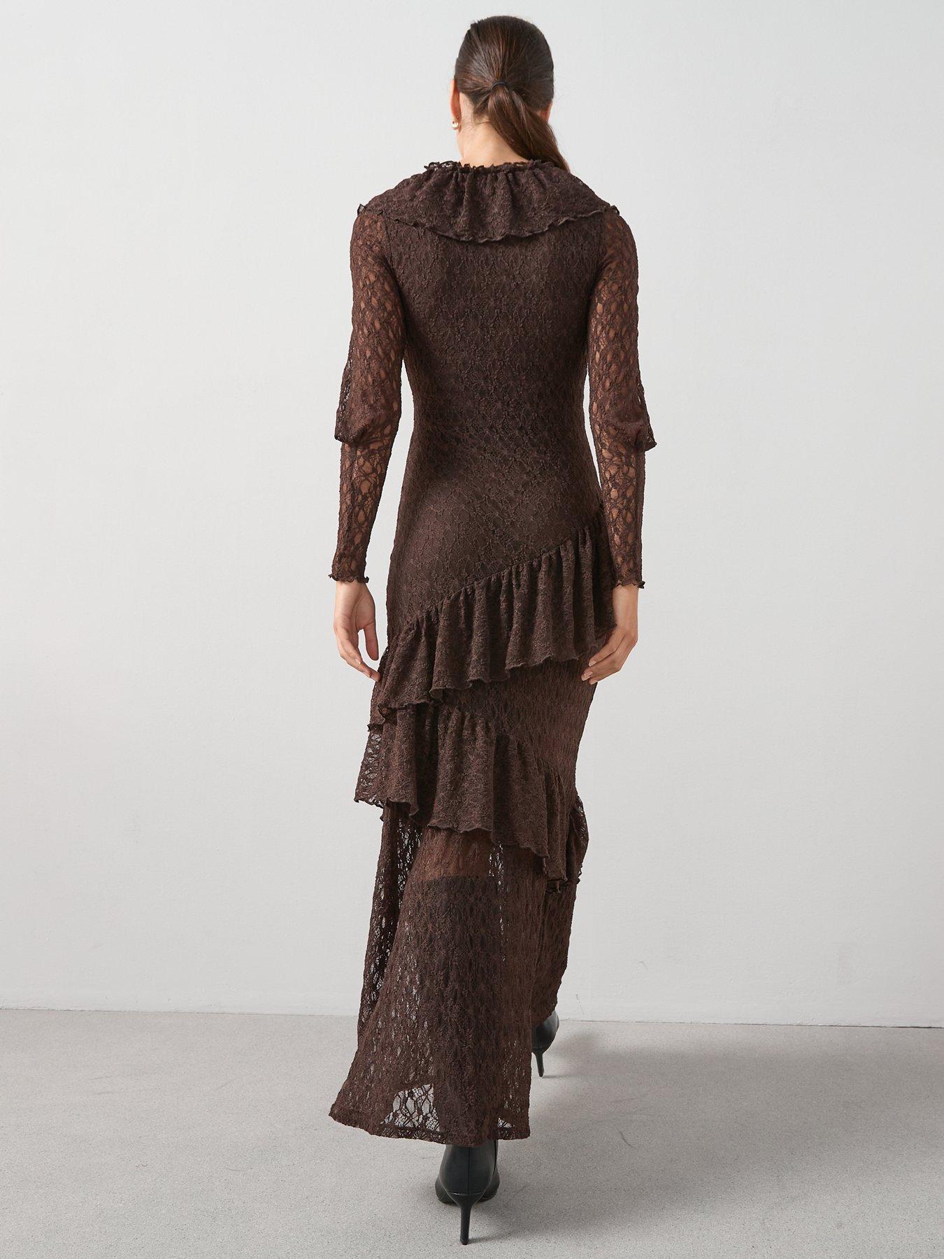 Image 2 of 6 of The Very Collection Lace Ruffle Hem Maxi Dress - Brown
