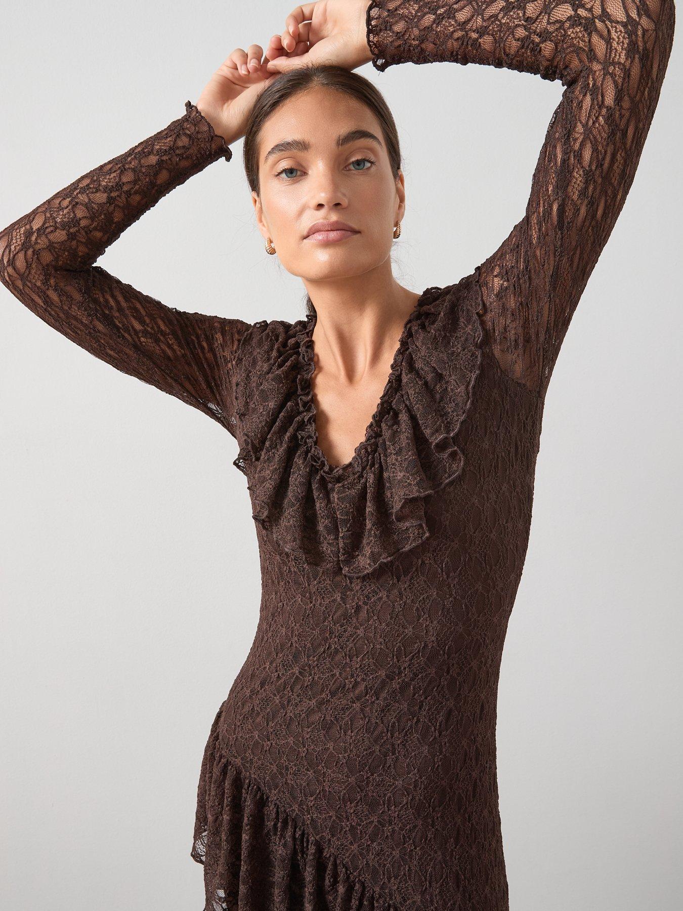 Image 4 of 6 of The Very Collection Lace Ruffle Hem Maxi Dress - Brown
