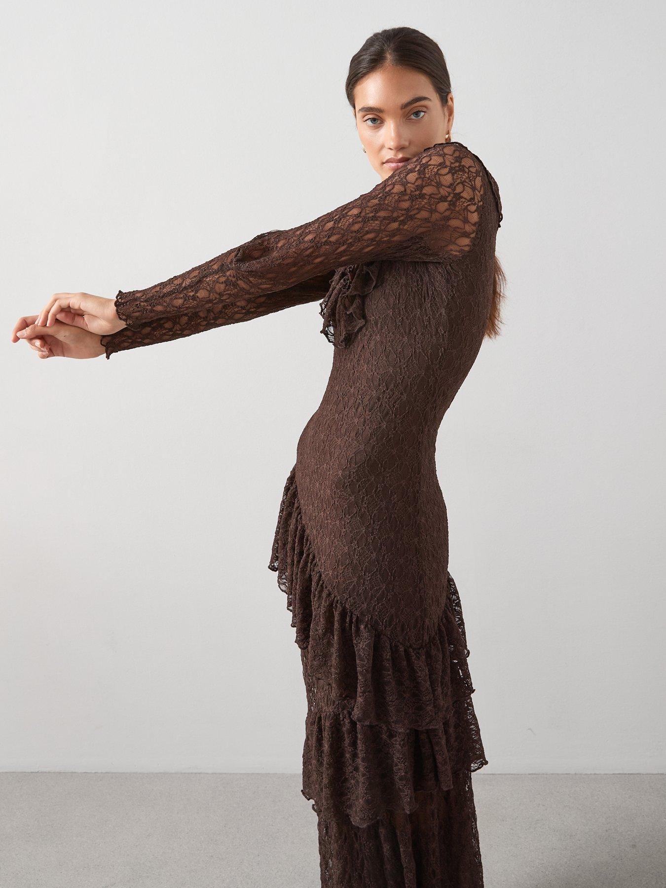 Image 5 of 6 of The Very Collection Lace Ruffle Hem Maxi Dress - Brown