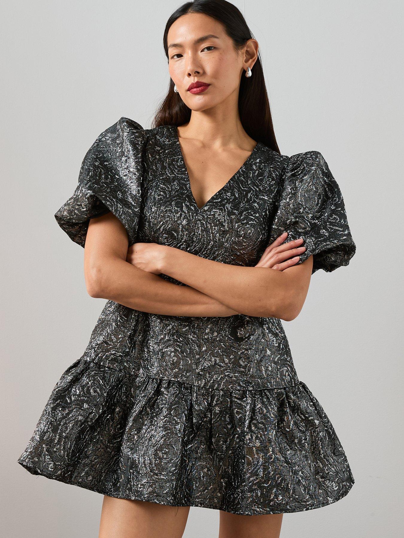 The Very Collection Jacquard Puff Sleeve Mini Dress - Silver