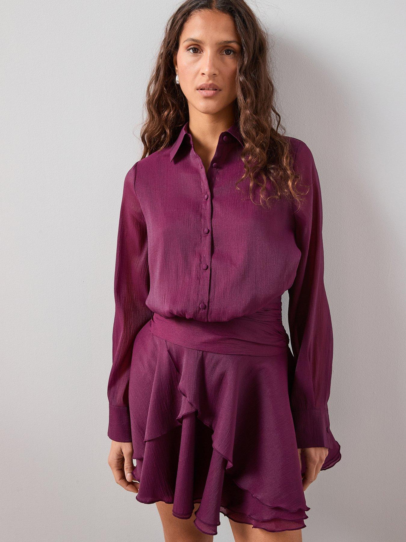 Image 1 of 7 of The Very Collection Ruffle Hem Shirt Dress - Purple