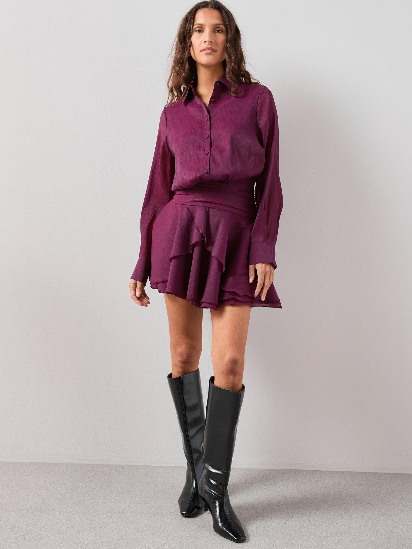 Image 3 of 7 of The Very Collection Ruffle Hem Shirt Dress - Purple