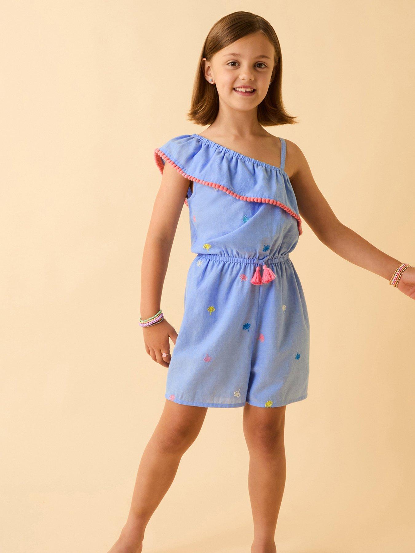 undefined Girls Shell Embroidered Playsuit - Blue