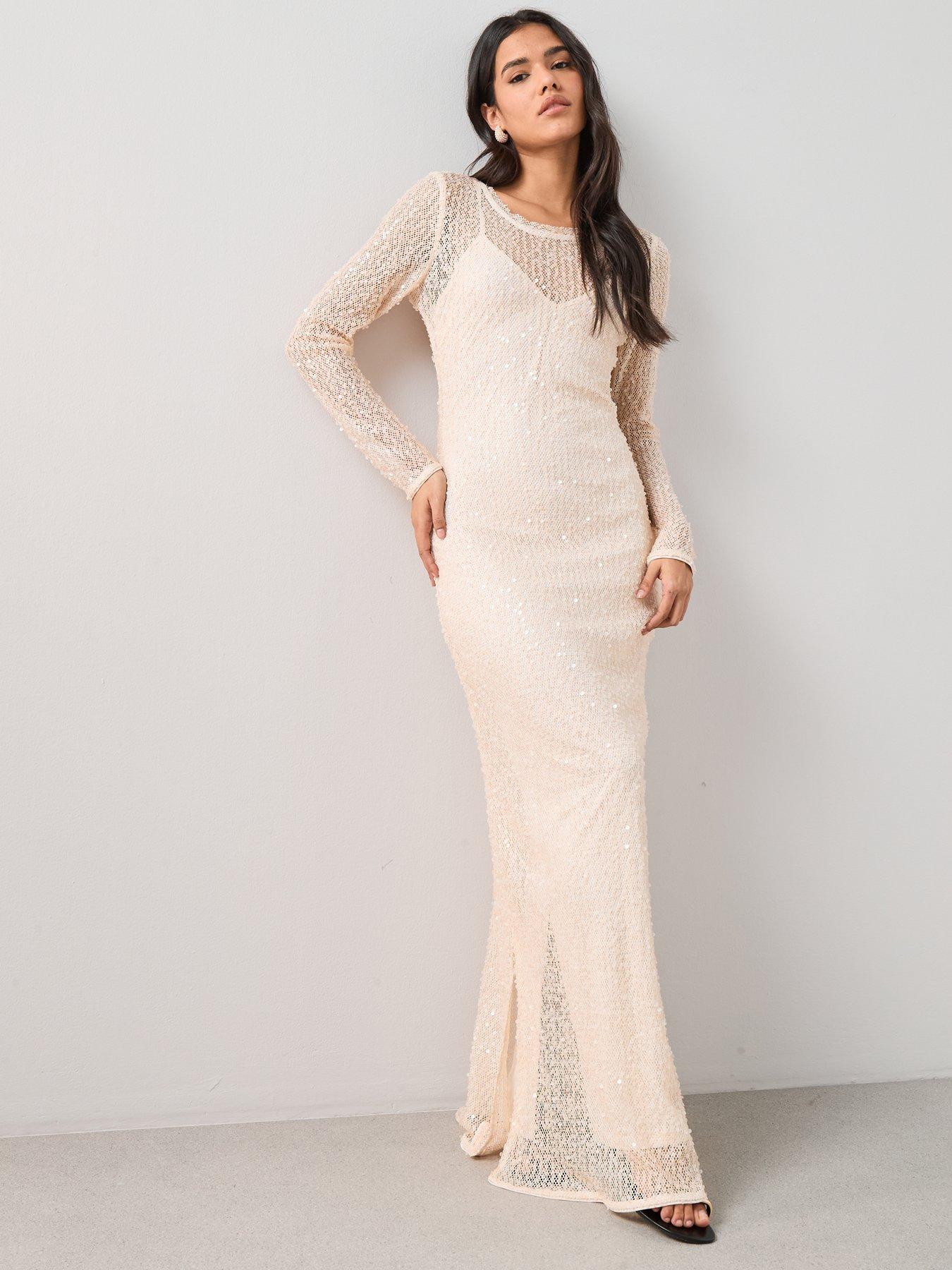 front image of the-very-collection-long-sleeve-sheer-sequin-maxi-dress-cream-white