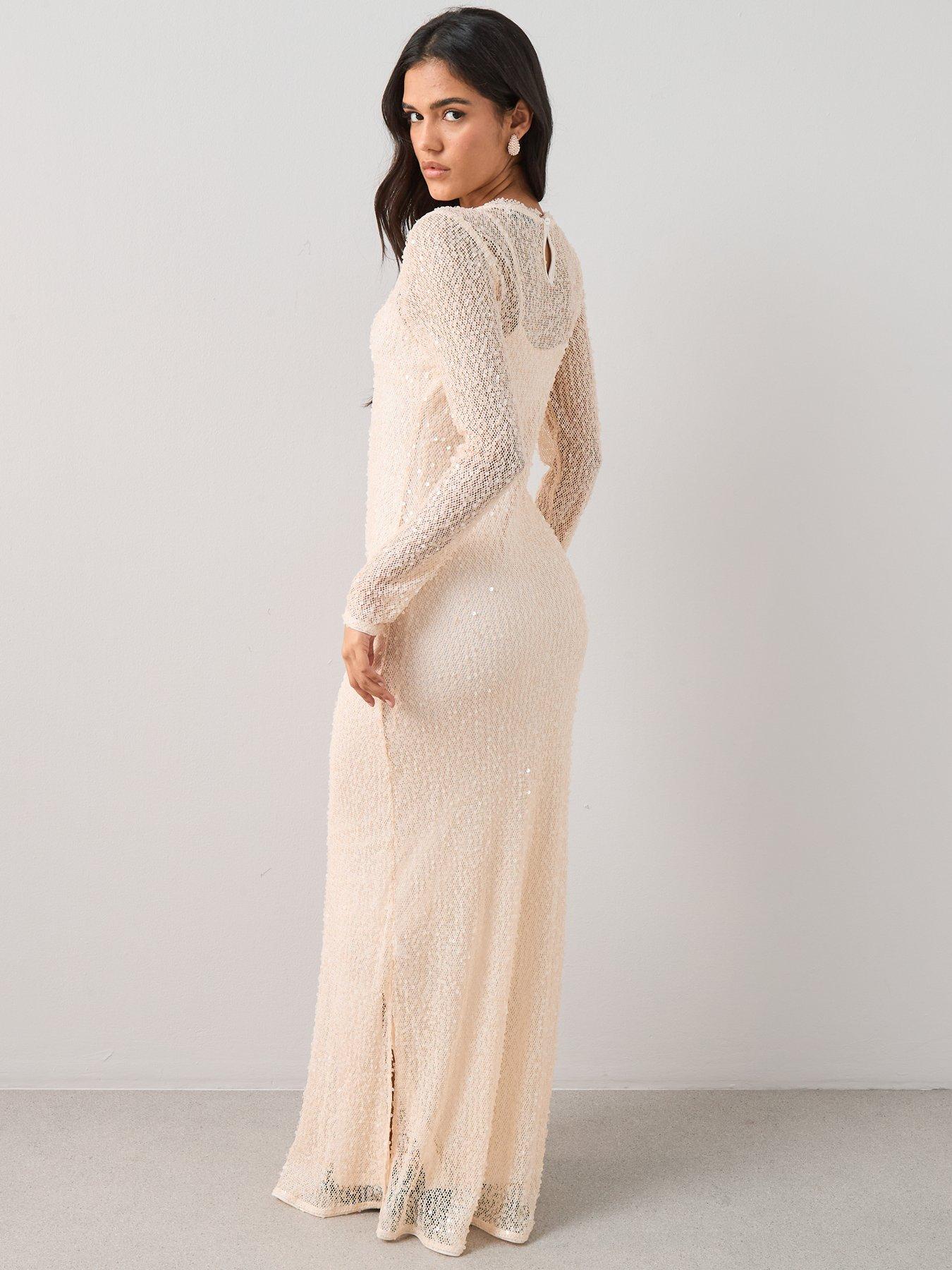  image of the-very-collection-long-sleeve-sheer-sequin-maxi-dress-cream-white