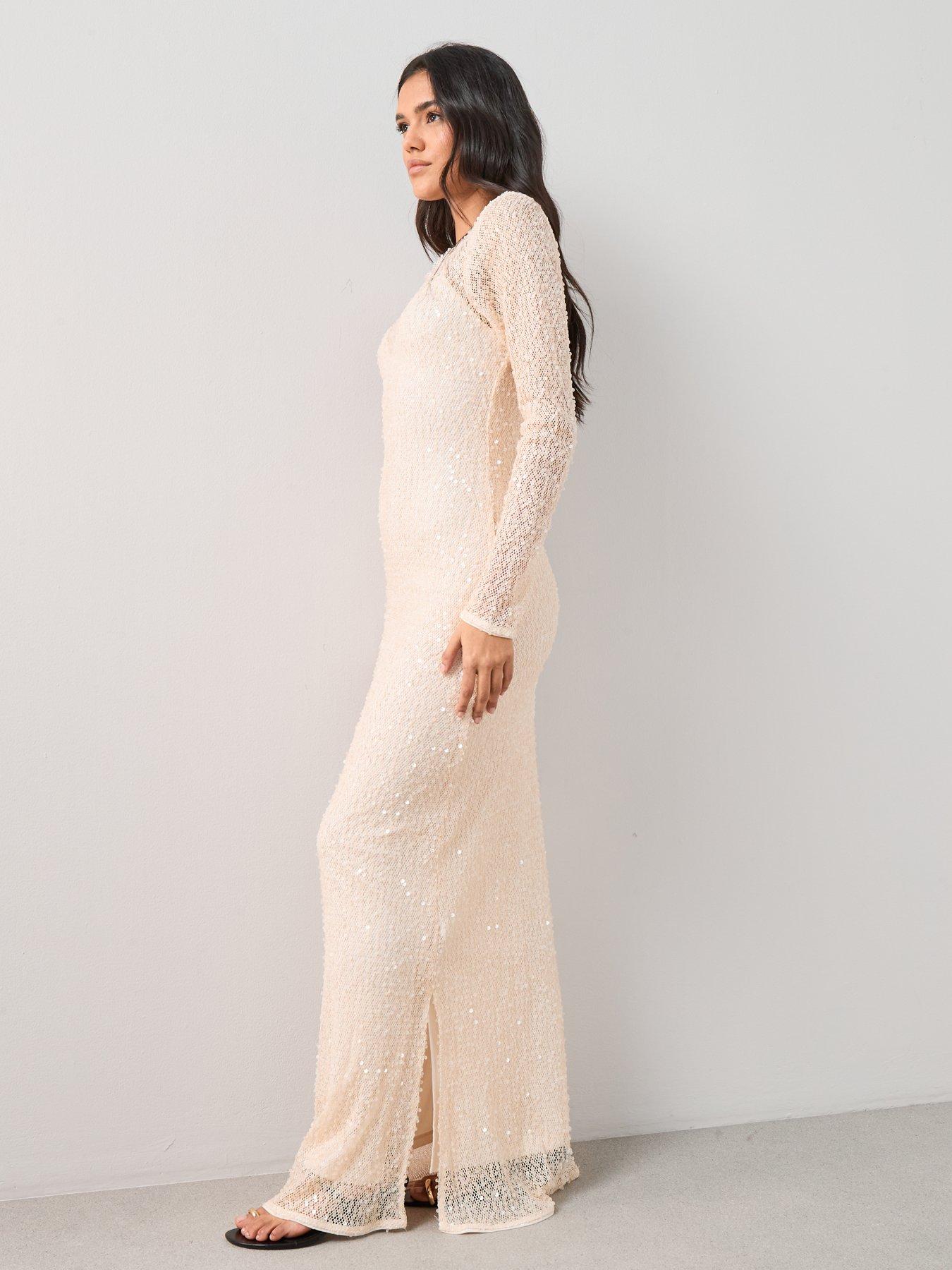  image of the-very-collection-long-sleeve-sheer-sequin-maxi-dress-cream-white