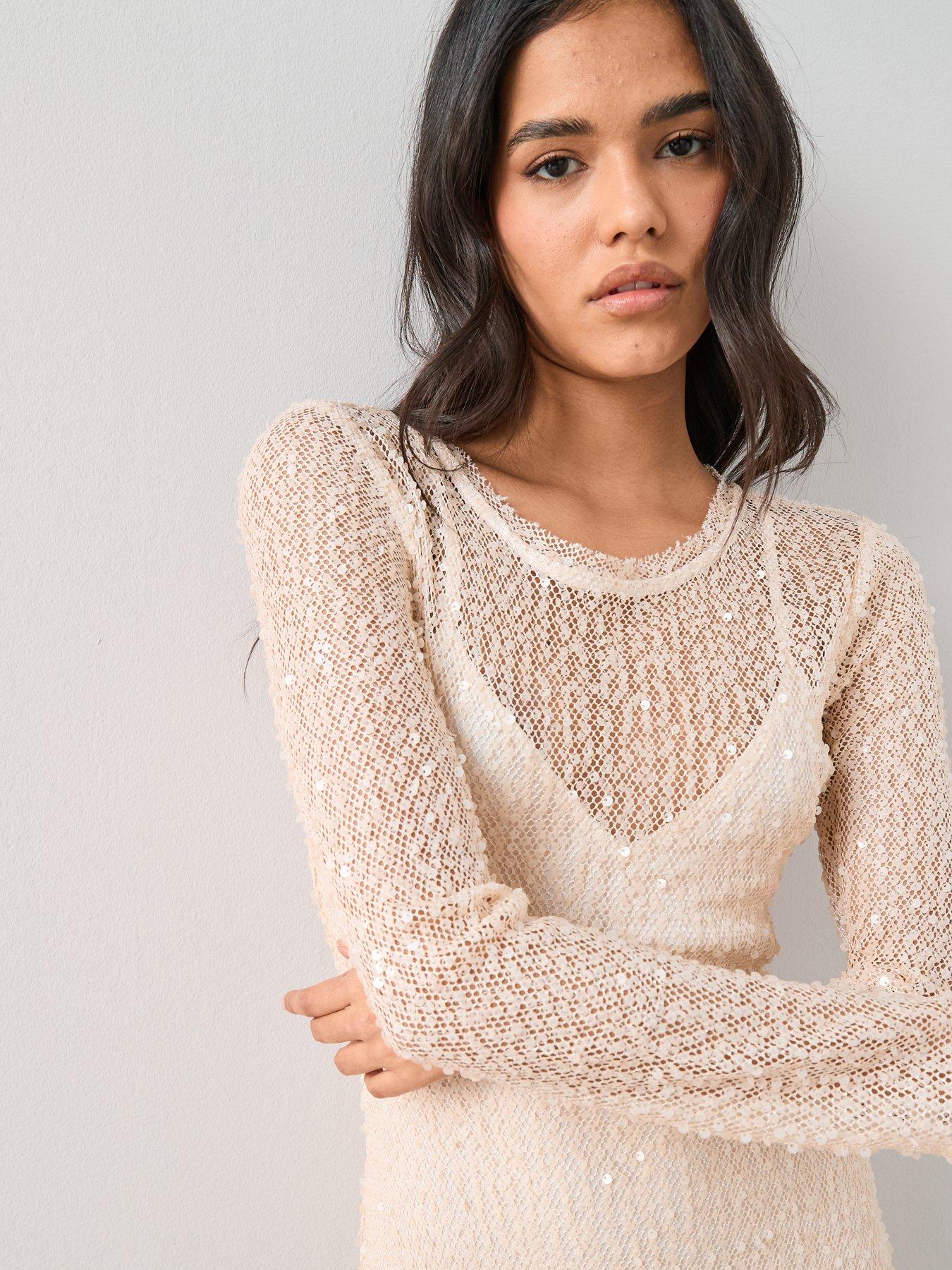  image of the-very-collection-long-sleeve-sheer-sequin-maxi-dress-cream-white
