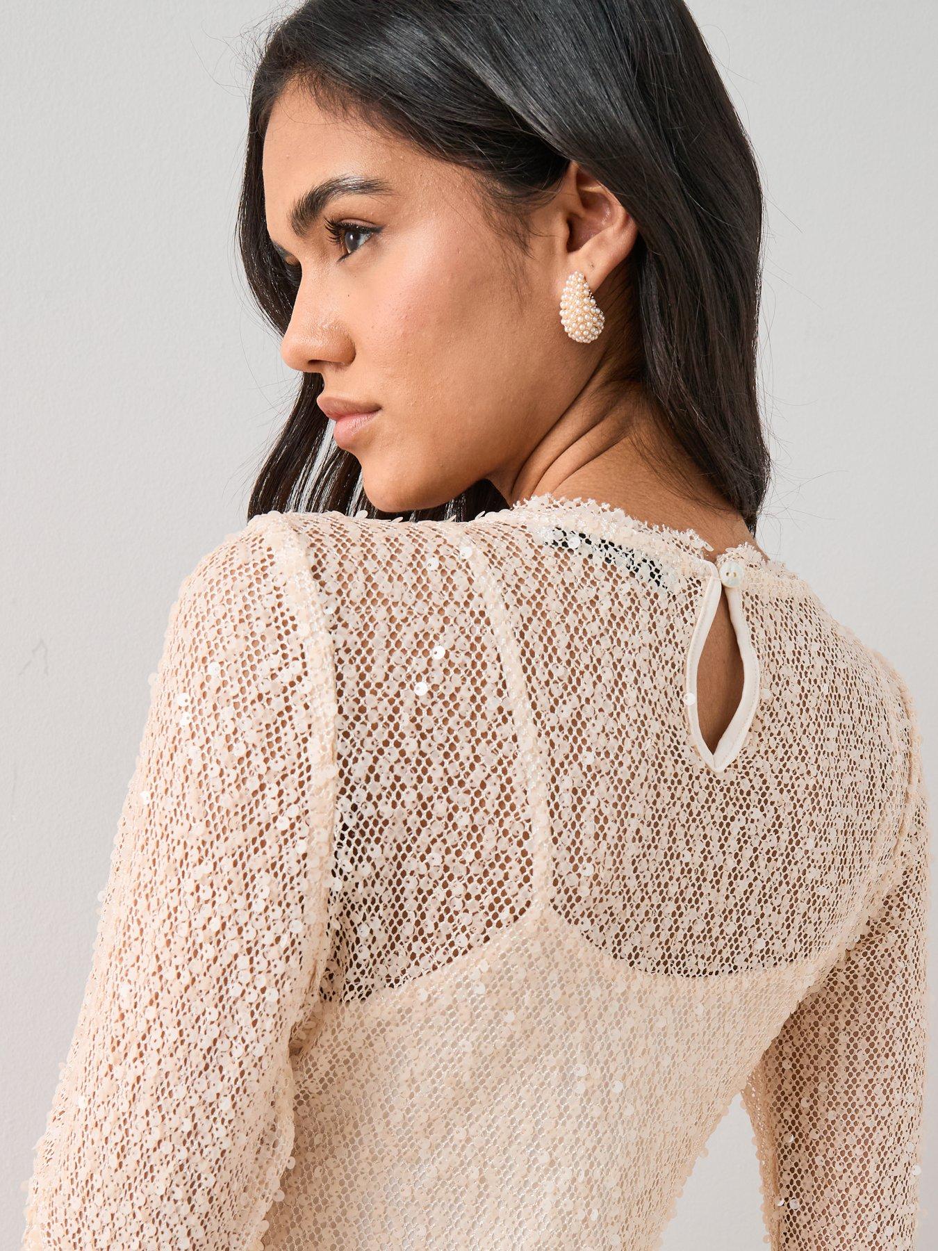  image of the-very-collection-long-sleeve-sheer-sequin-maxi-dress-cream-white