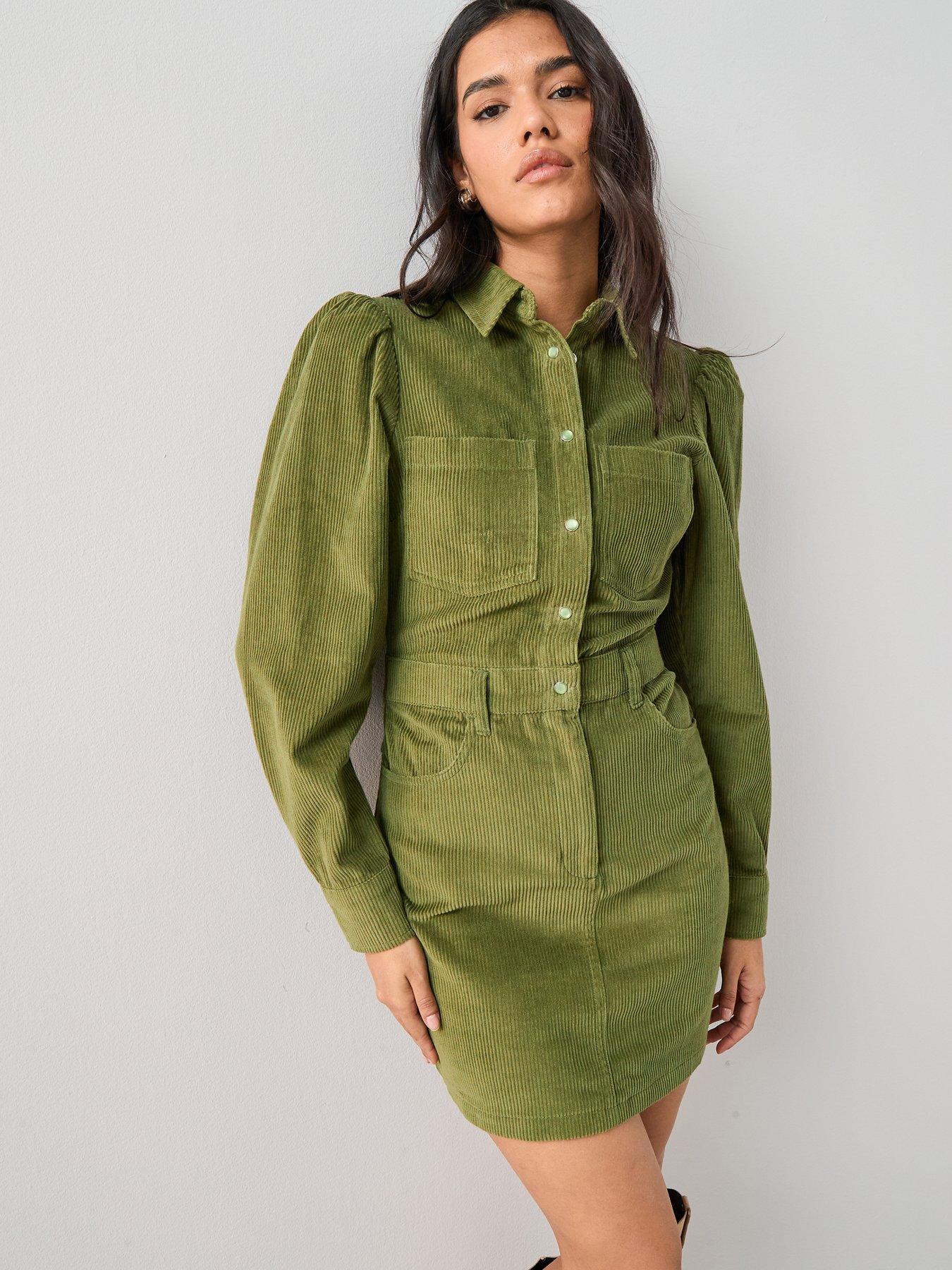 The Very Collection Long Sleeve Cord Mini Shirt Dress -  Green