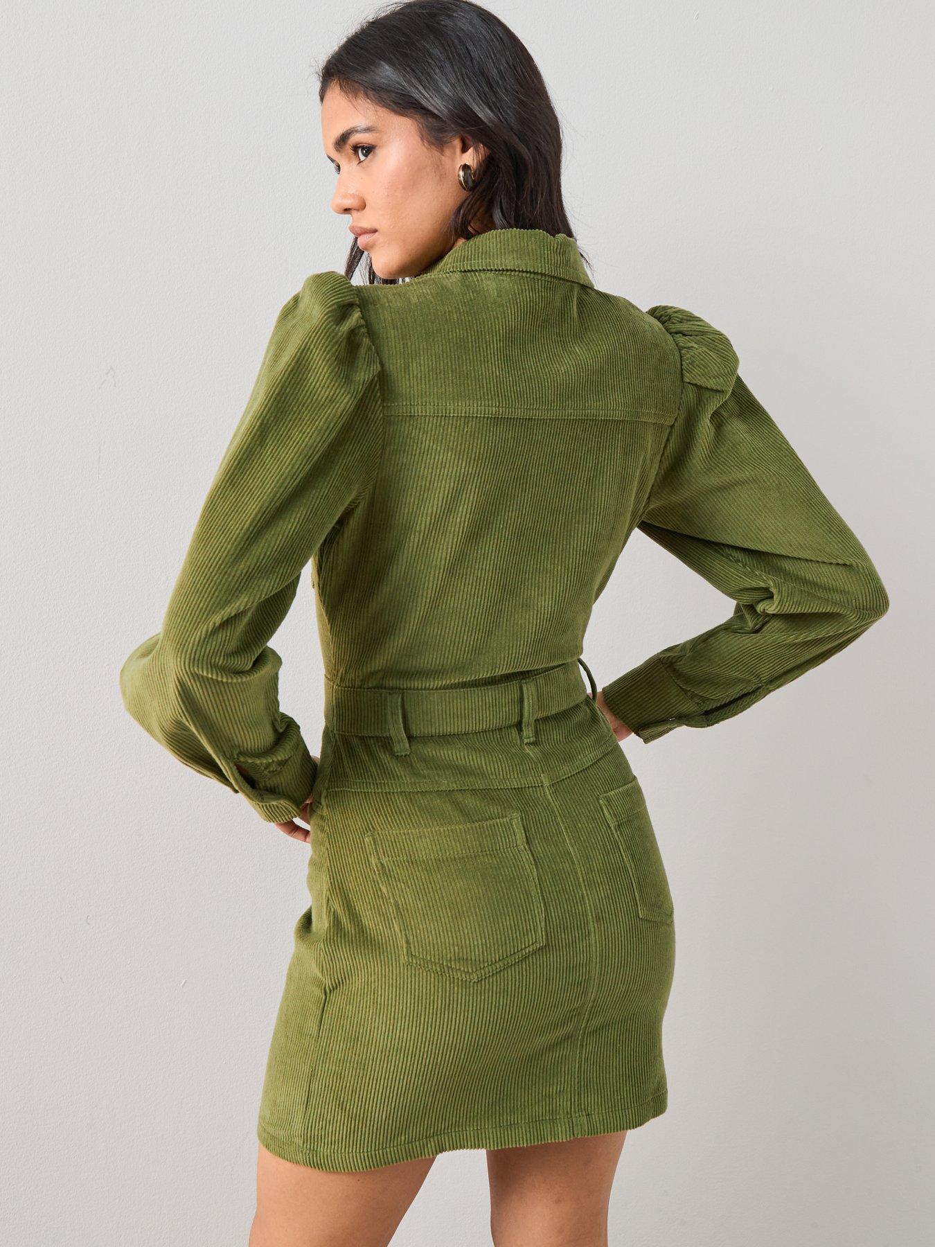 Image 2 of 7 of The Very Collection Long Sleeve Cord Mini Shirt Dress - &nbsp;Green