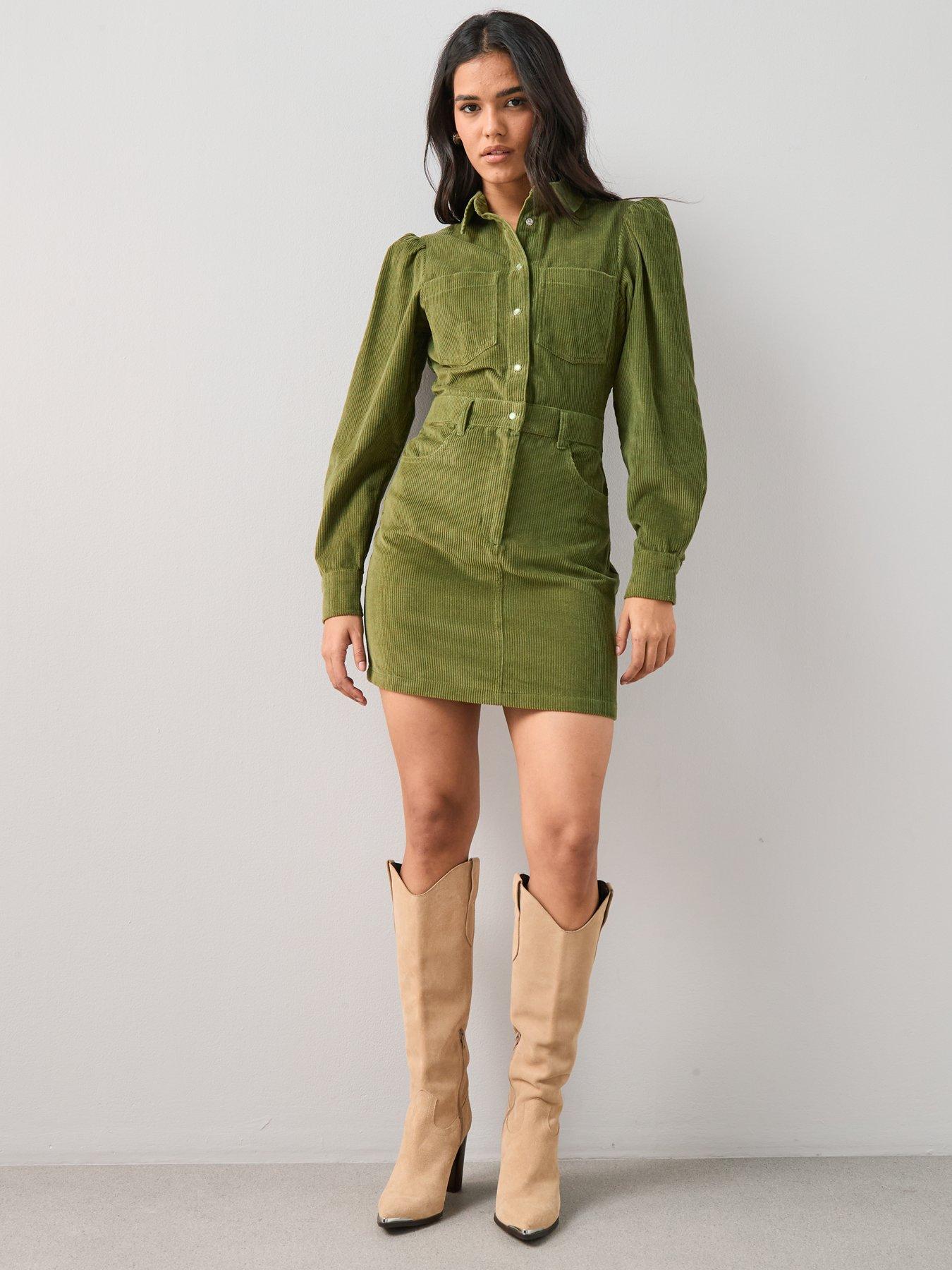 Image 3 of 7 of The Very Collection Long Sleeve Cord Mini Shirt Dress - &nbsp;Green