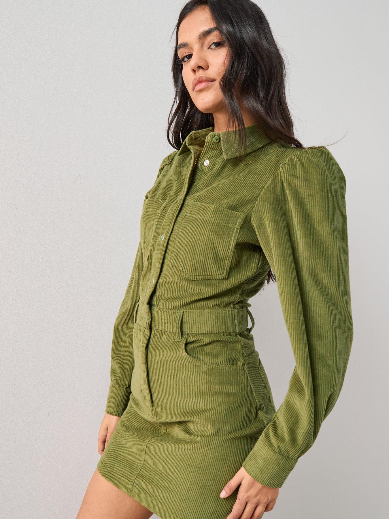 Image 4 of 7 of The Very Collection Long Sleeve Cord Mini Shirt Dress - &nbsp;Green