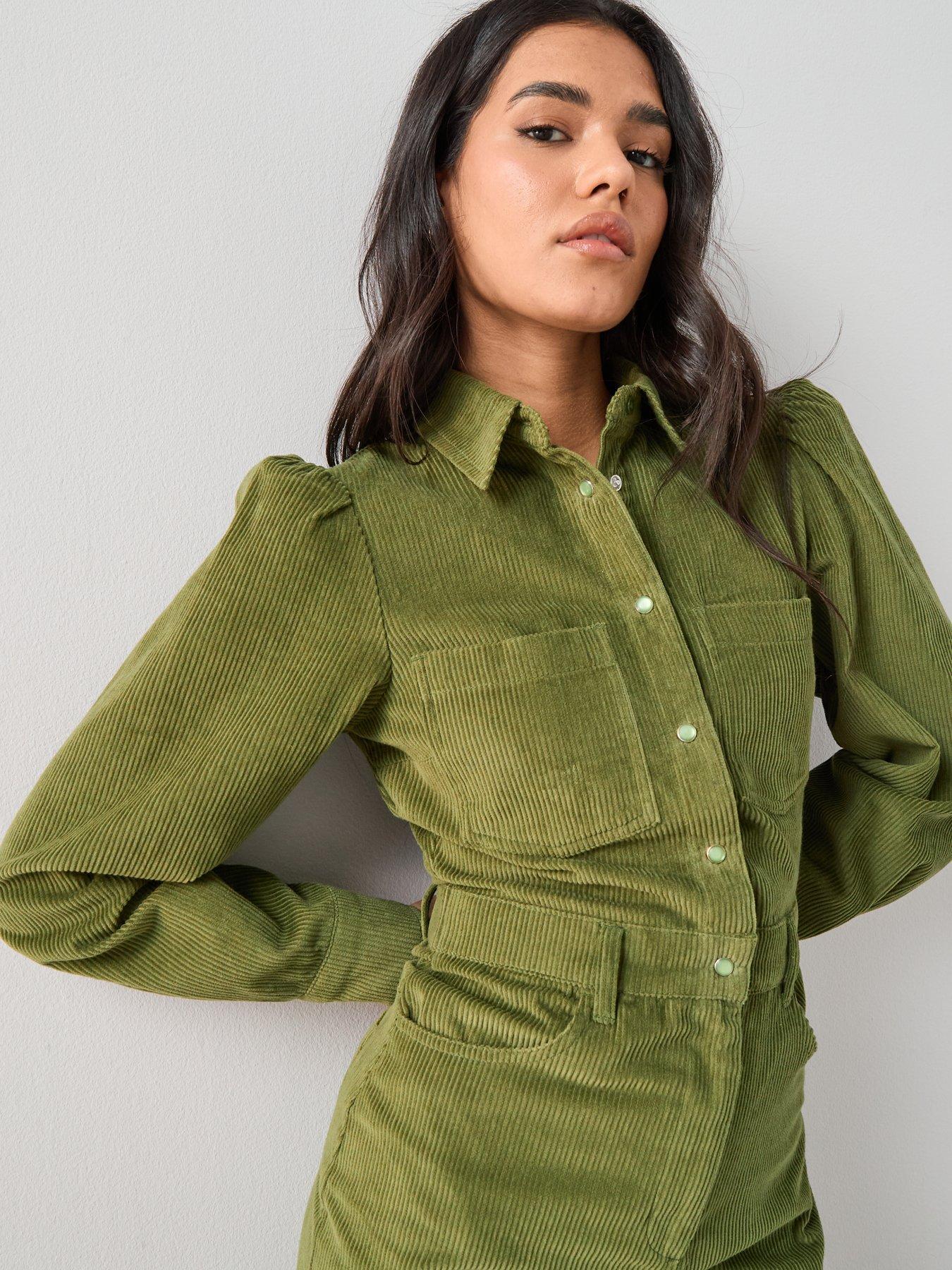 Image 6 of 7 of The Very Collection Long Sleeve Cord Mini Shirt Dress - &nbsp;Green