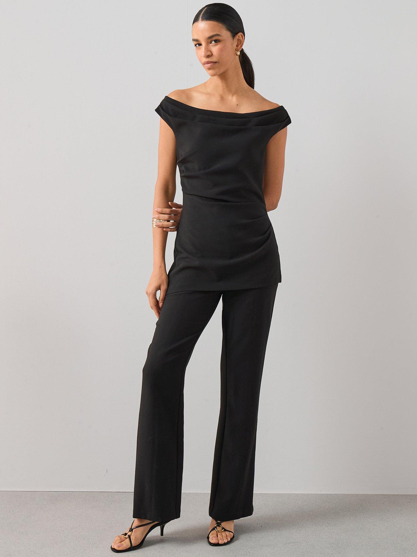 undefined Ruched Bardot Jumpsuit - Black