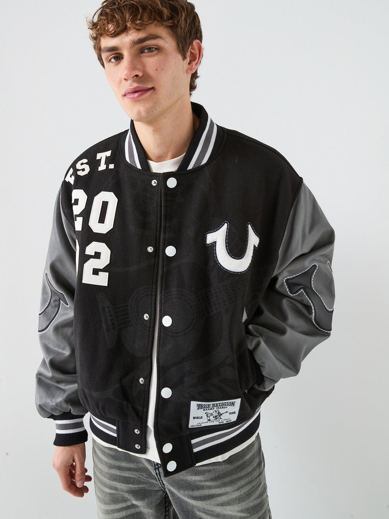 front image of true-religion-buddha-varsity-jacket-black