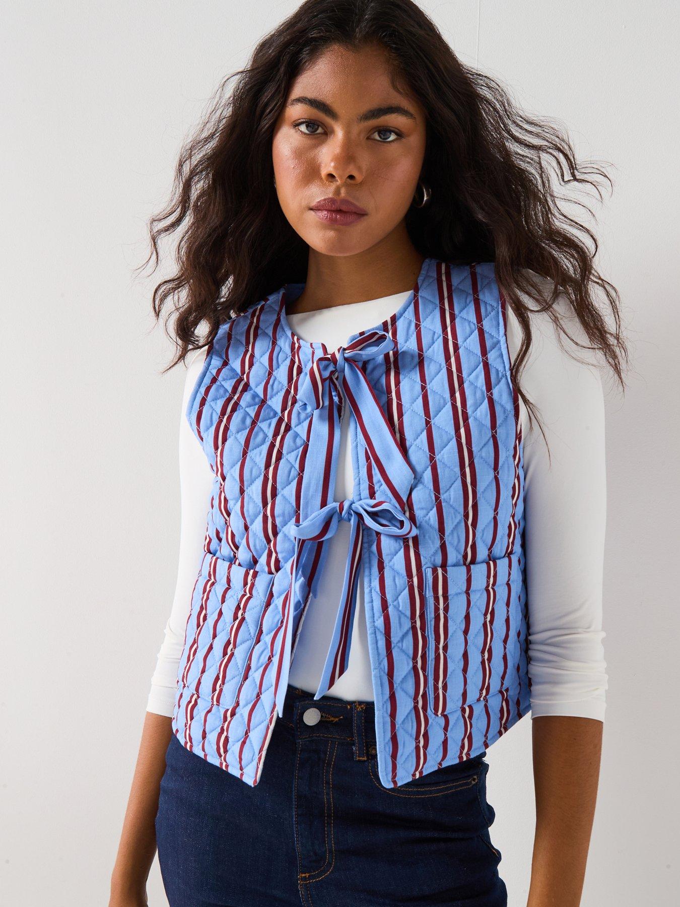 front image of pieces-quilted-tie-front-short-waistcoat-blue-multi