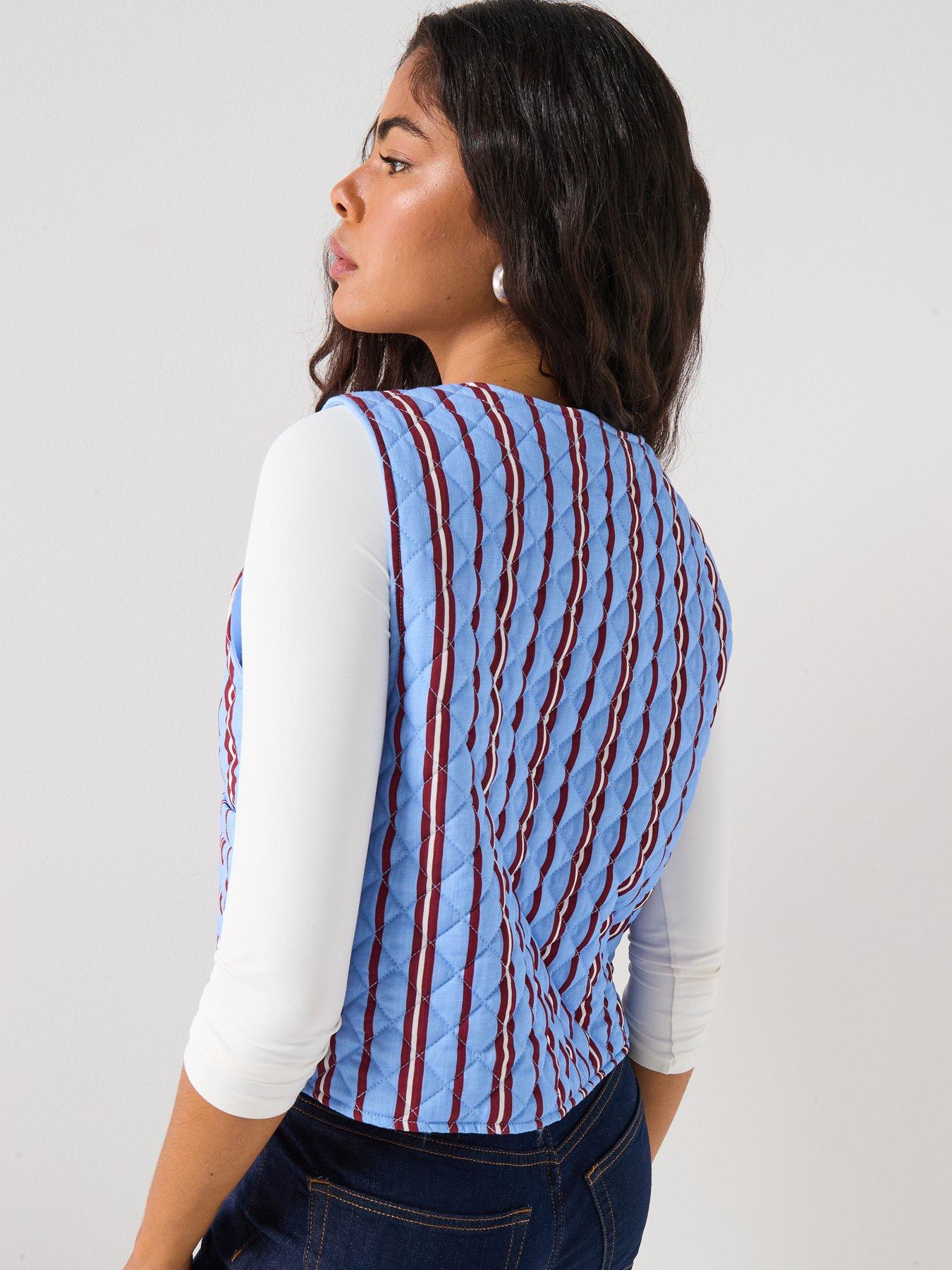 stillFront image of pieces-quilted-tie-front-short-waistcoat-blue-multi