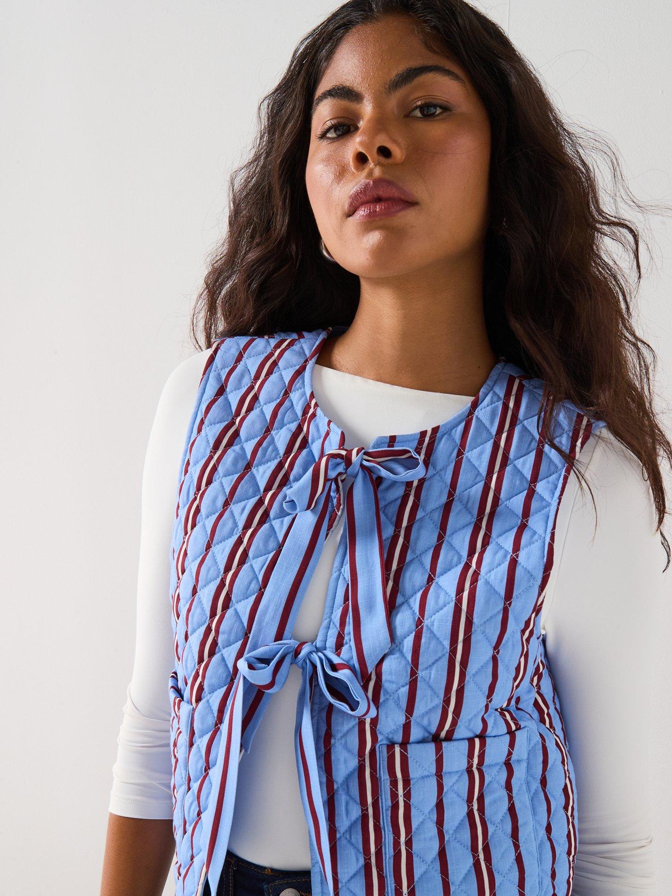  image of pieces-quilted-tie-front-short-waistcoat-blue-multi