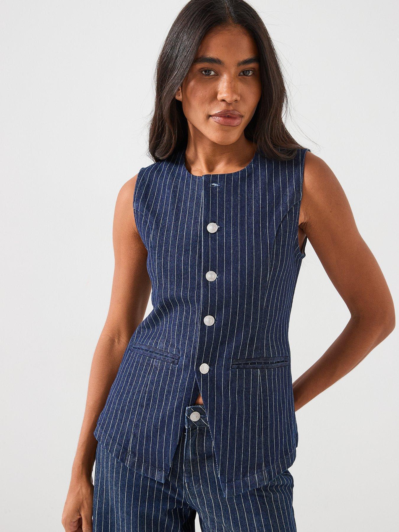  image of pieces-long-striped-denim-vest-blue