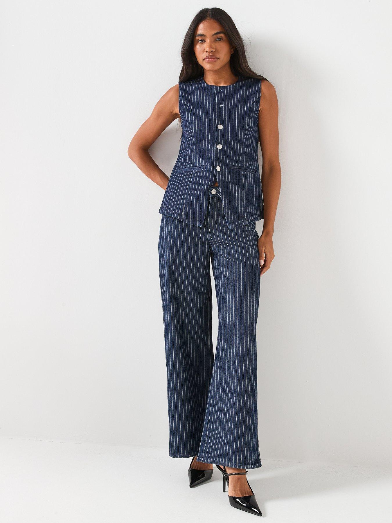  image of pieces-long-striped-denim-vest-blue