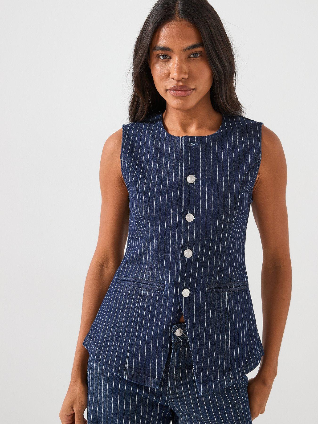  image of pieces-long-striped-denim-vest-blue