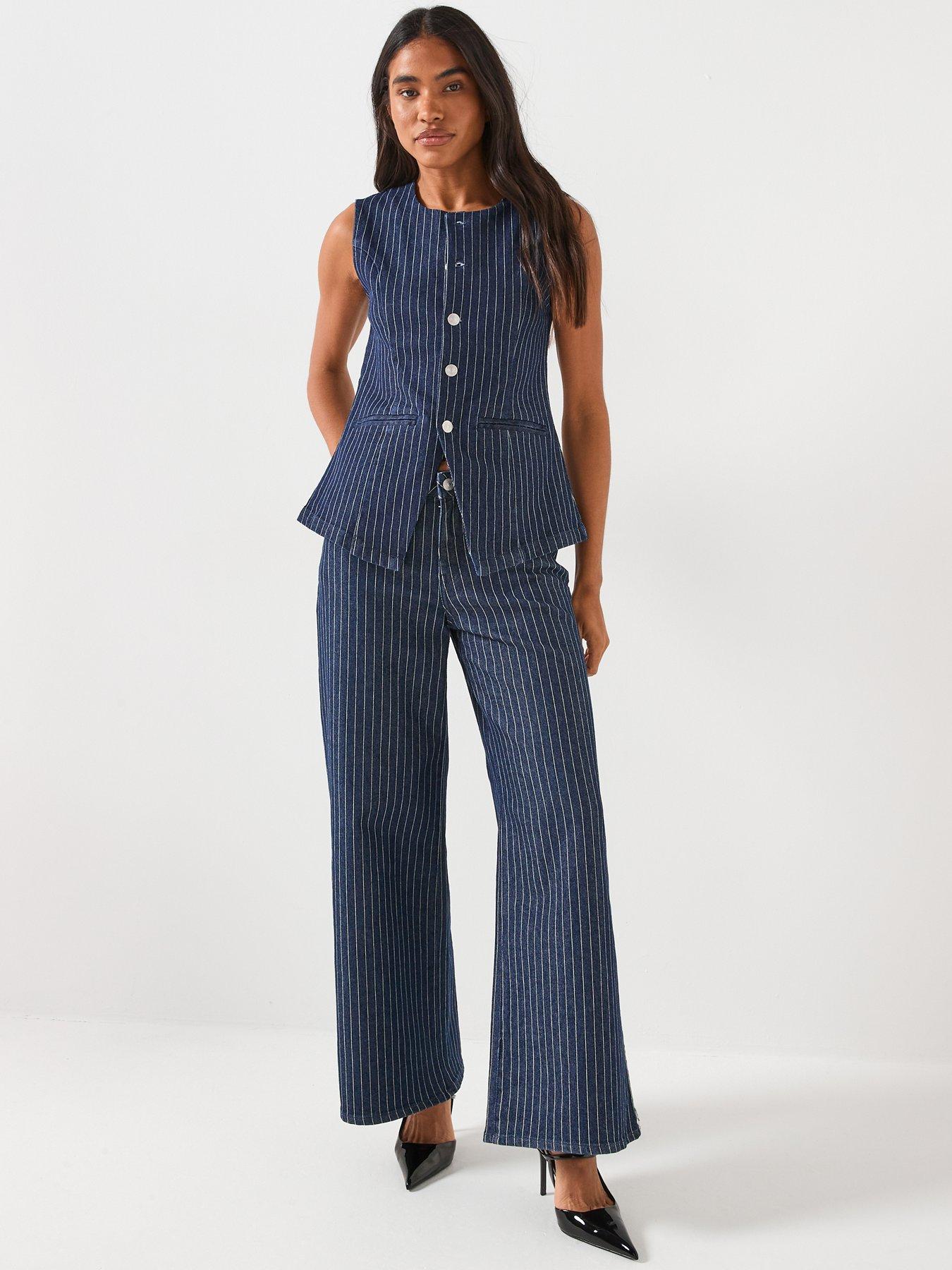  image of pieces-long-striped-denim-vest-blue