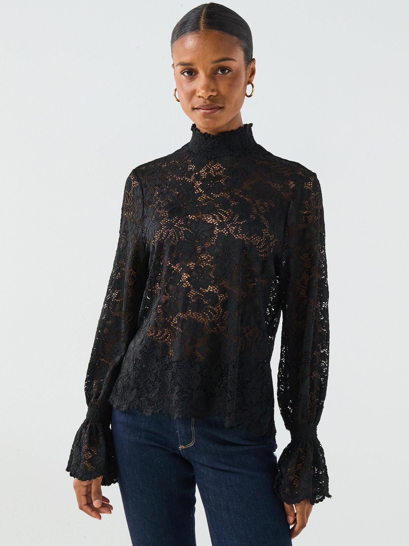  image of pieces-long-sleeve-lace-top-black