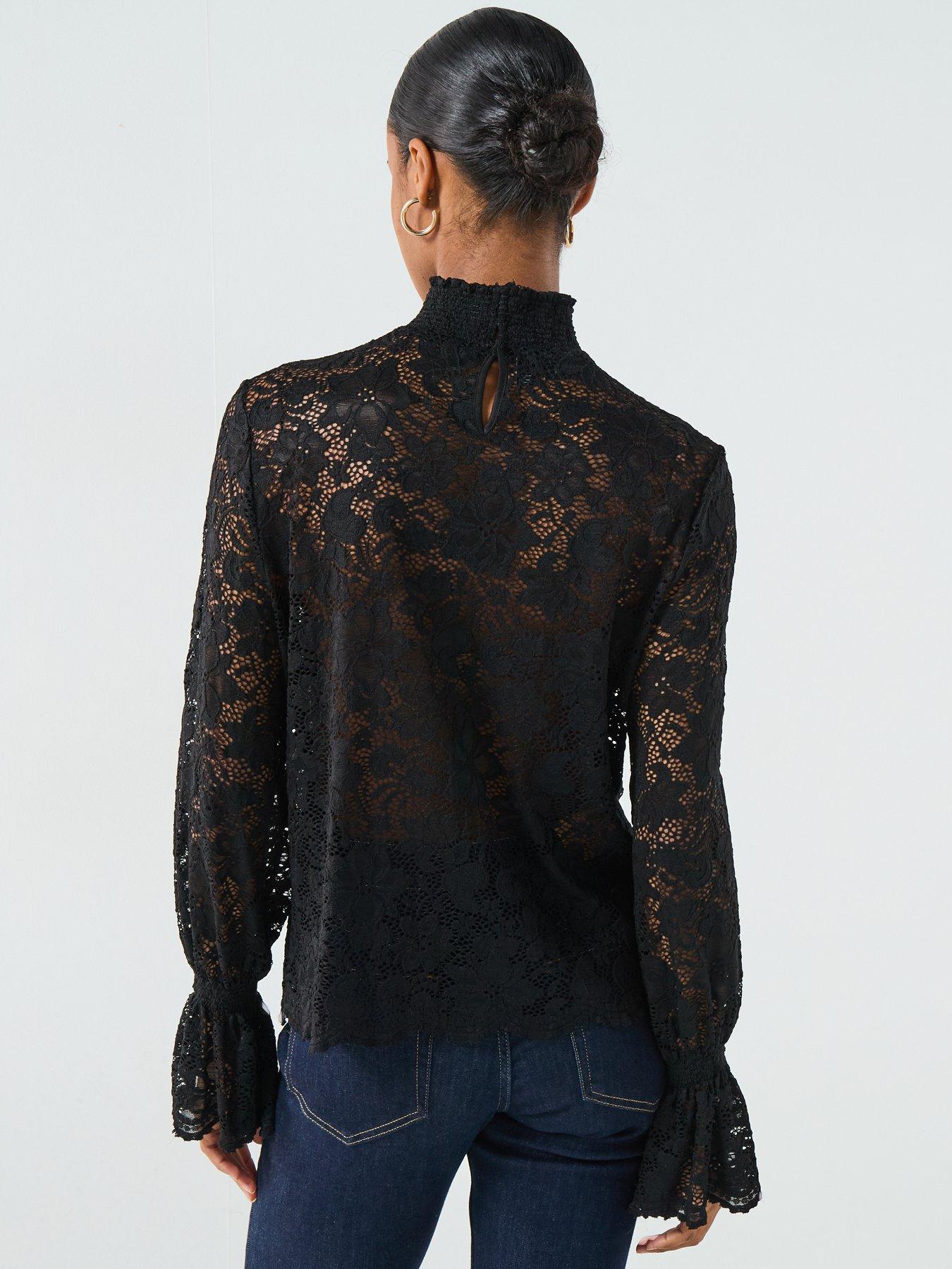 stillFront image of pieces-long-sleeve-lace-top-black