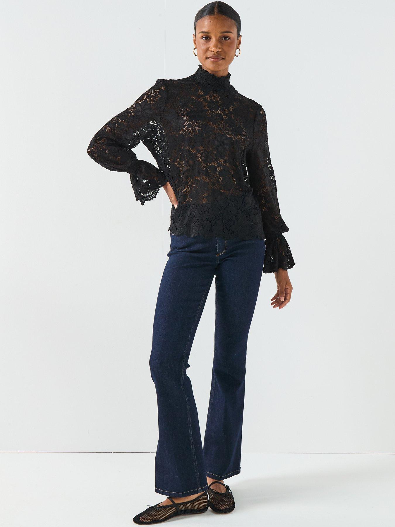  image of pieces-long-sleeve-lace-top-black