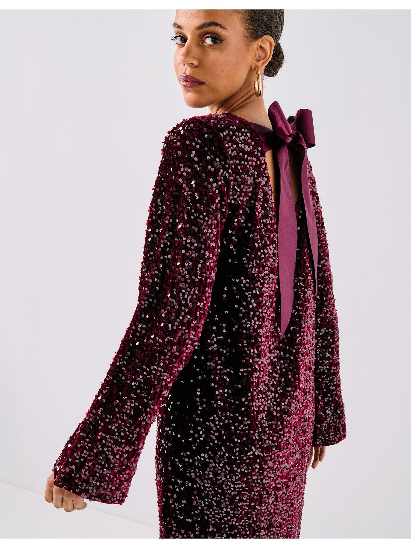 PIECES Long Sleeve Deep Back Bow Mini Dress - Red