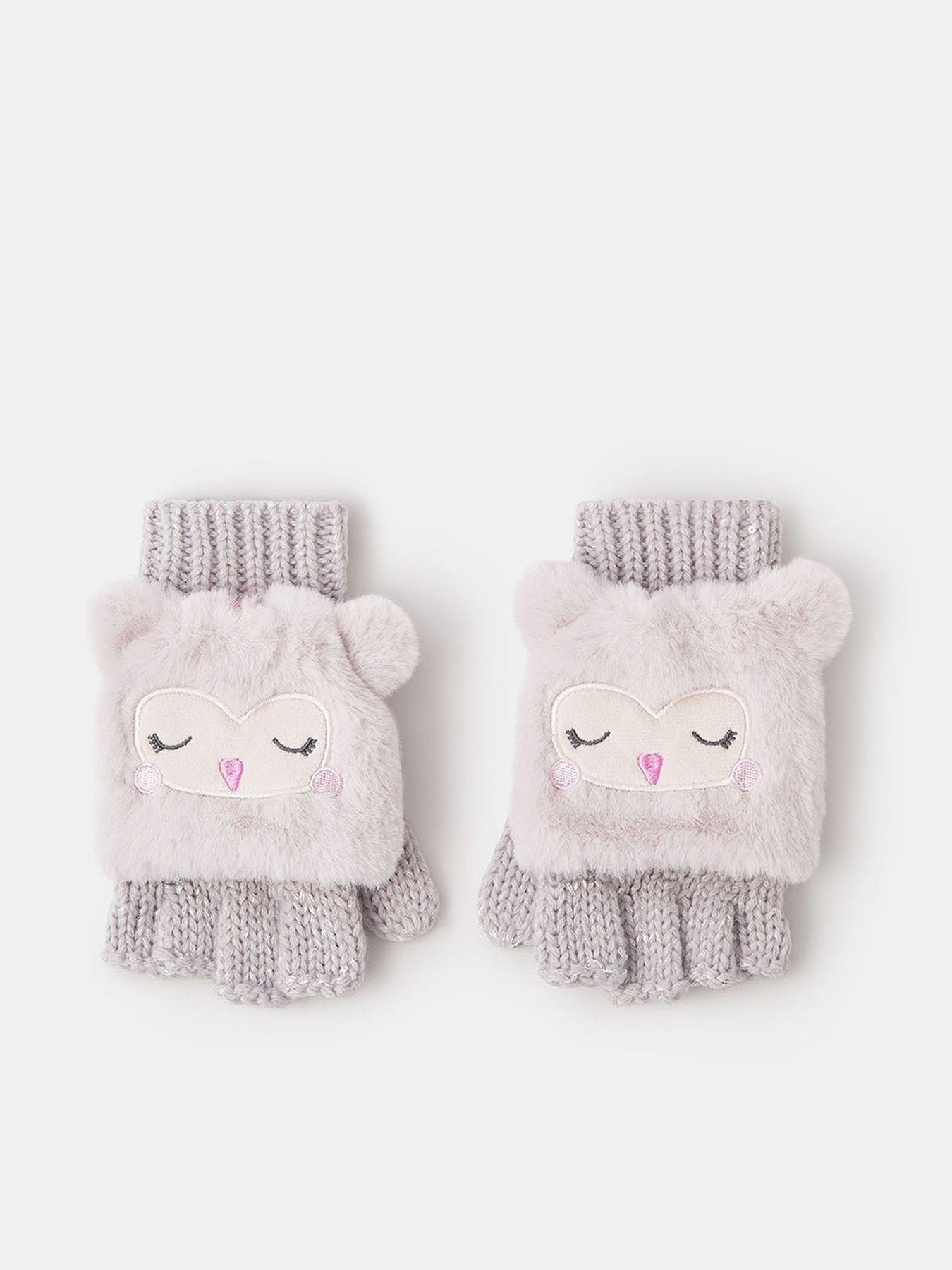 undefined Girls Fluffy Owl Capped Gloves - Beige