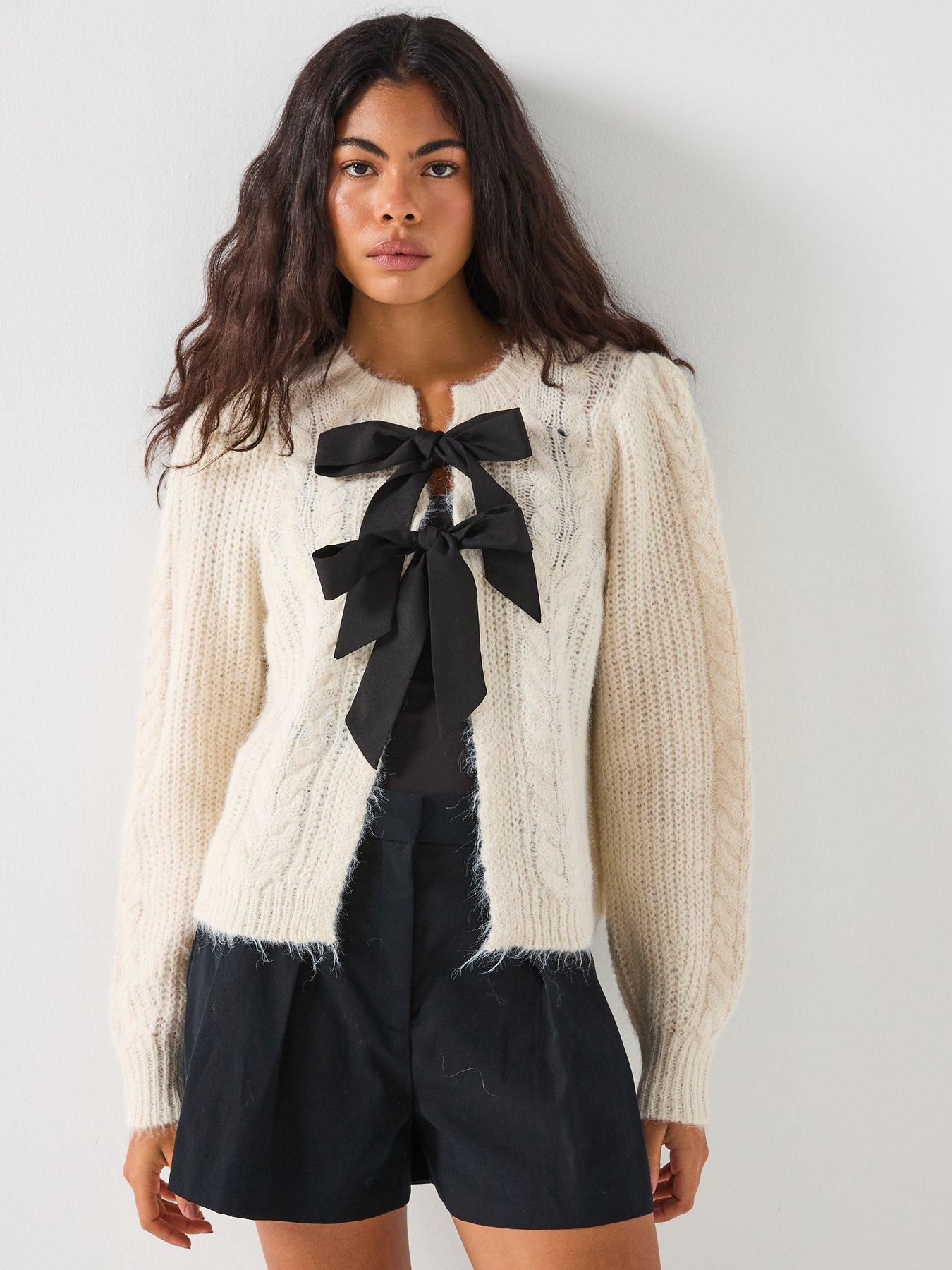 front image of pieces-long-sleeve-o-neck-bow-knit-cardigan-beige