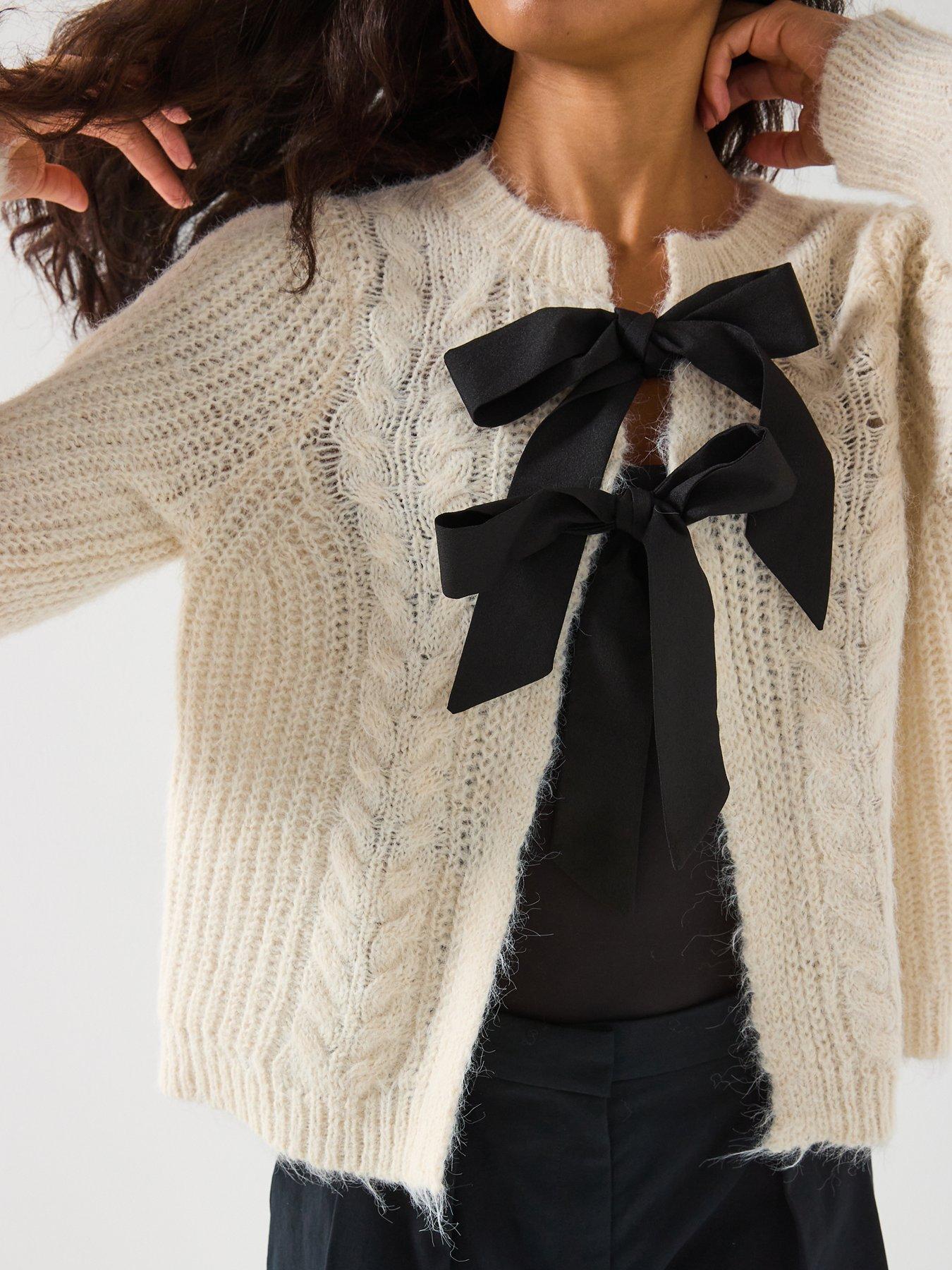  image of pieces-long-sleeve-o-neck-bow-knit-cardigan-beige