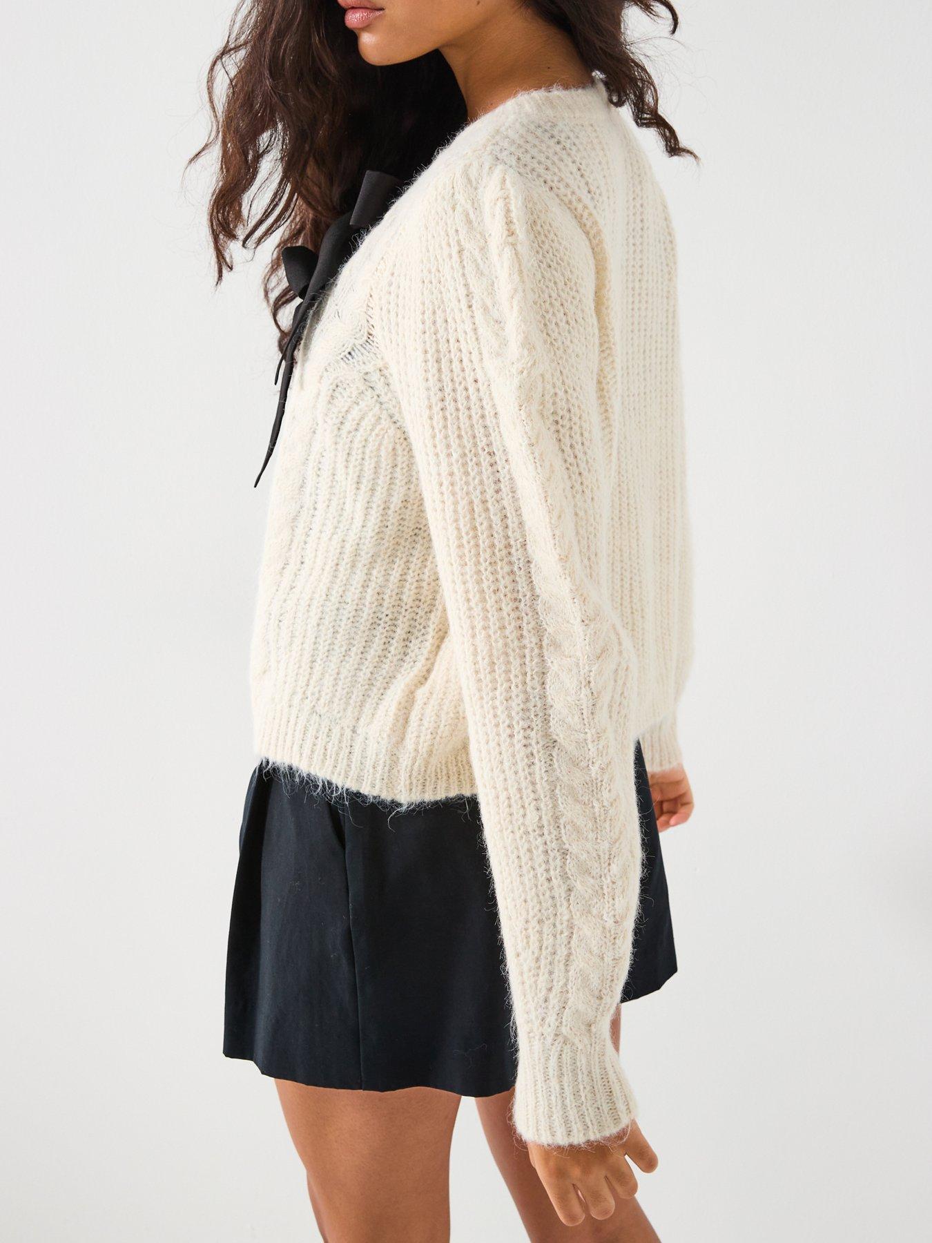  image of pieces-long-sleeve-o-neck-bow-knit-cardigan-beige
