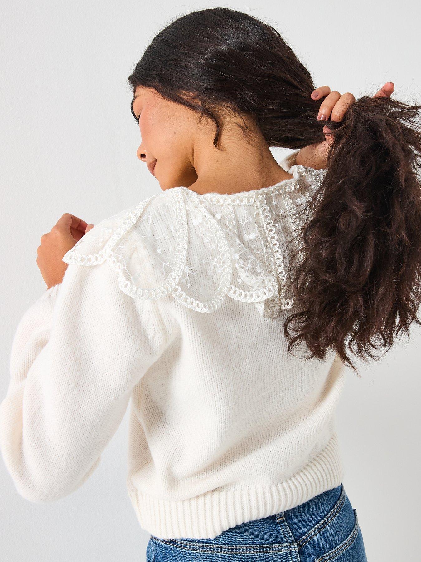 Image 5 of 6 of PIECES Abby Long Sleeve Lace Collar Knit Cardigan - Cream