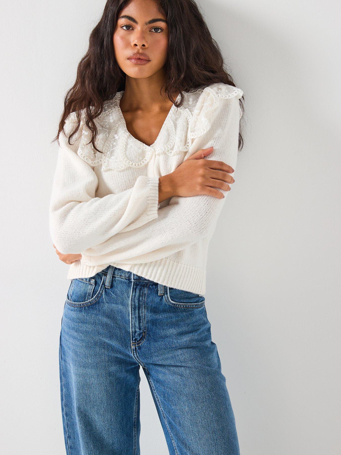 Image 6 of 6 of PIECES Abby Long Sleeve Lace Collar Knit Cardigan - Cream