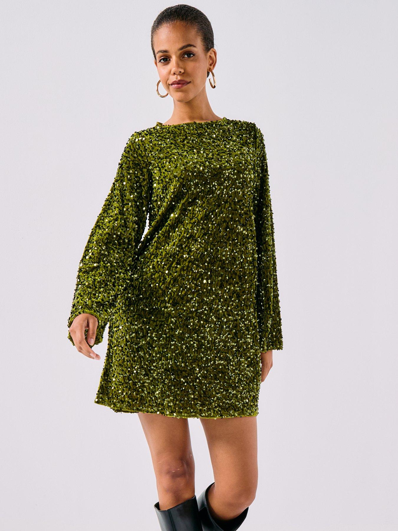 PIECES Long Sleeve Deep Back Bow Mini Dress - Green