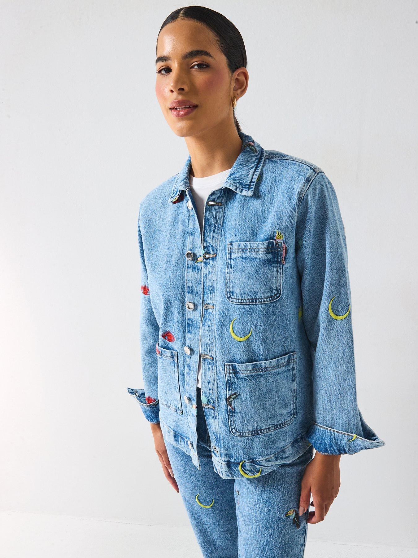 undefined Jidi Long Sleeve Denim Embroidered Shacket - Blue