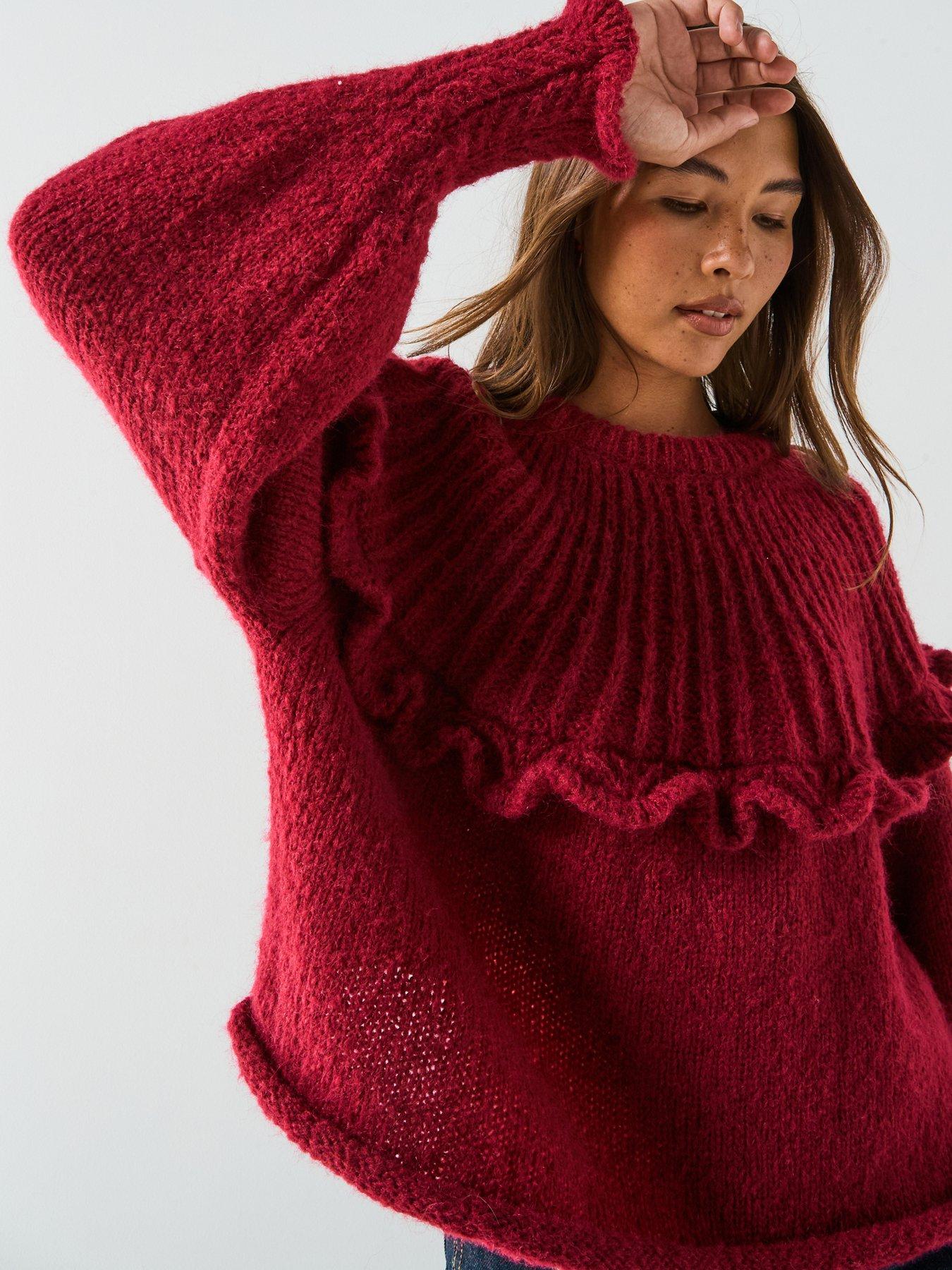  image of pieces-long-sleeve-round-neck-knitted-jumper--red