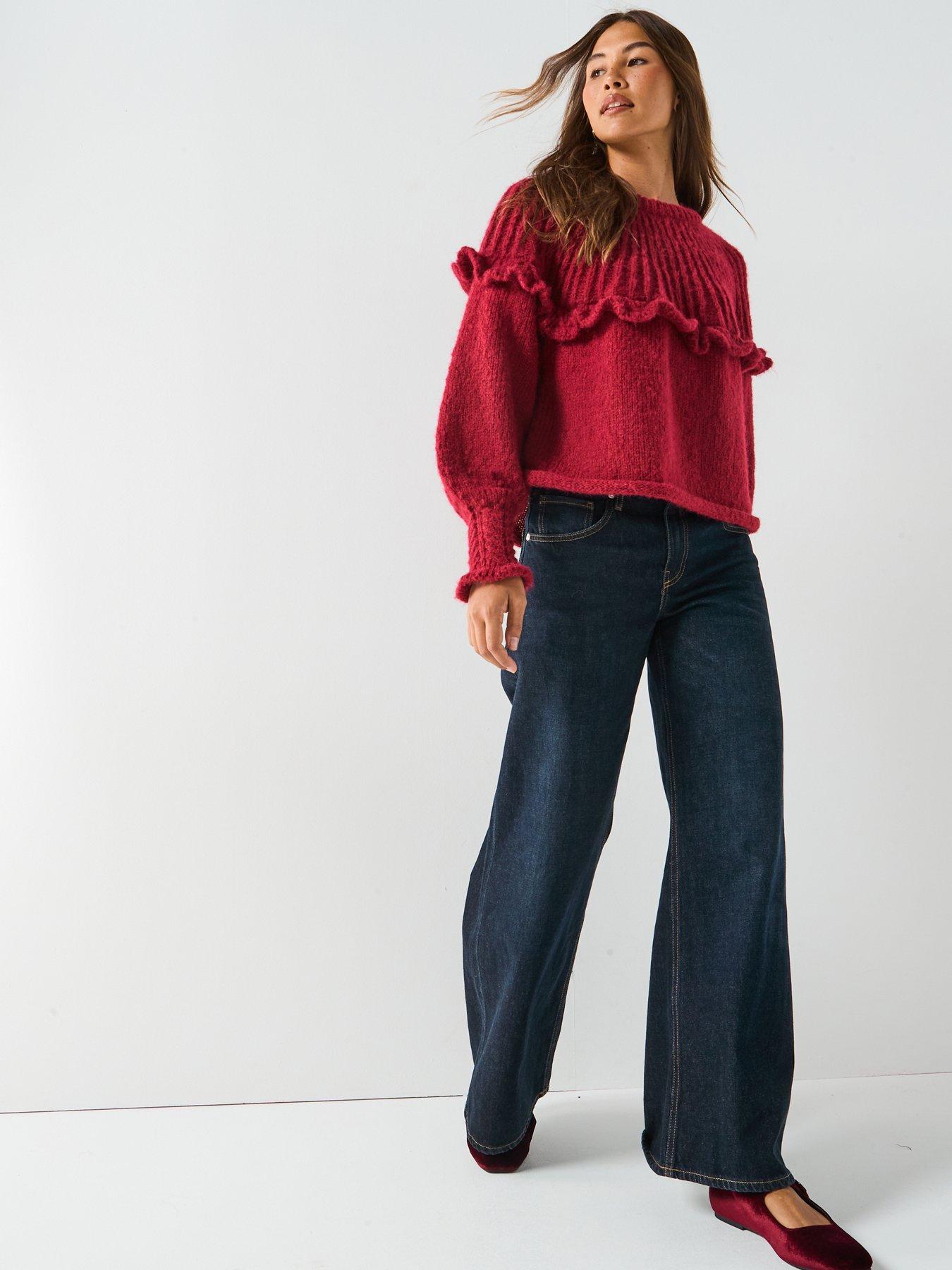  image of pieces-long-sleeve-round-neck-knitted-jumper--red