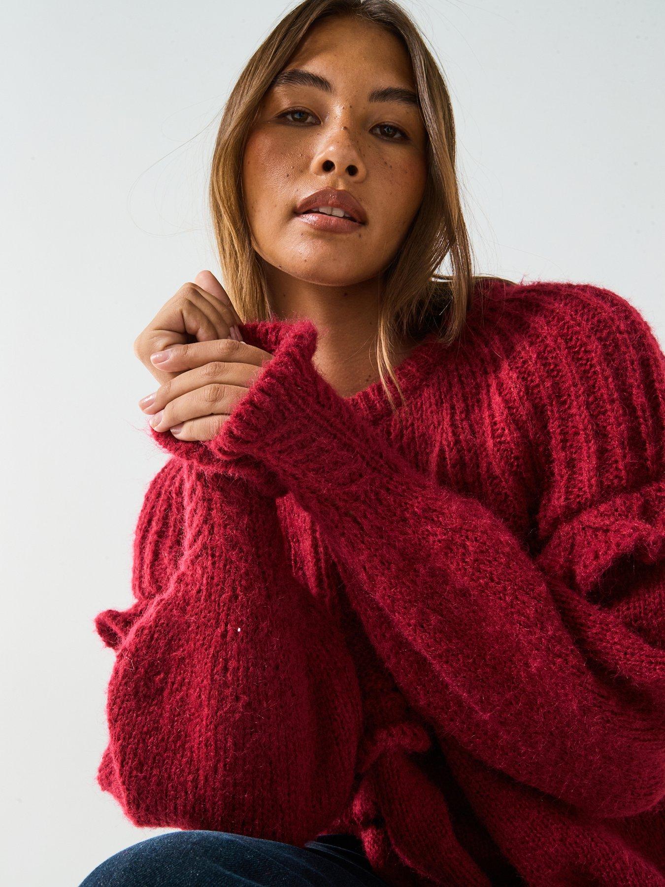  image of pieces-long-sleeve-round-neck-knitted-jumper--red