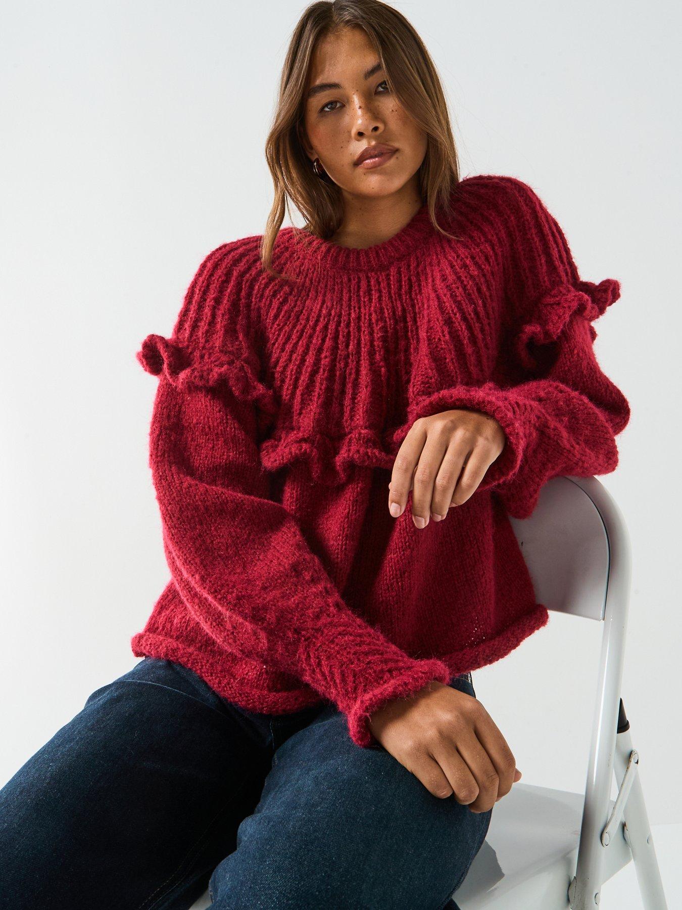  image of pieces-long-sleeve-round-neck-knitted-jumper--red
