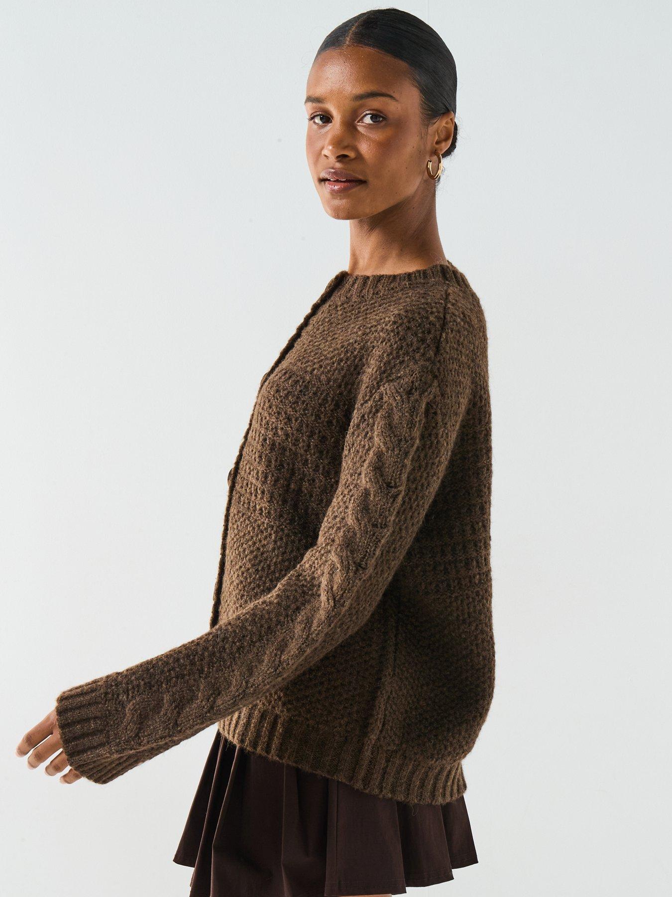  image of pieces-long-sleeve-knitted-cardigan-brown