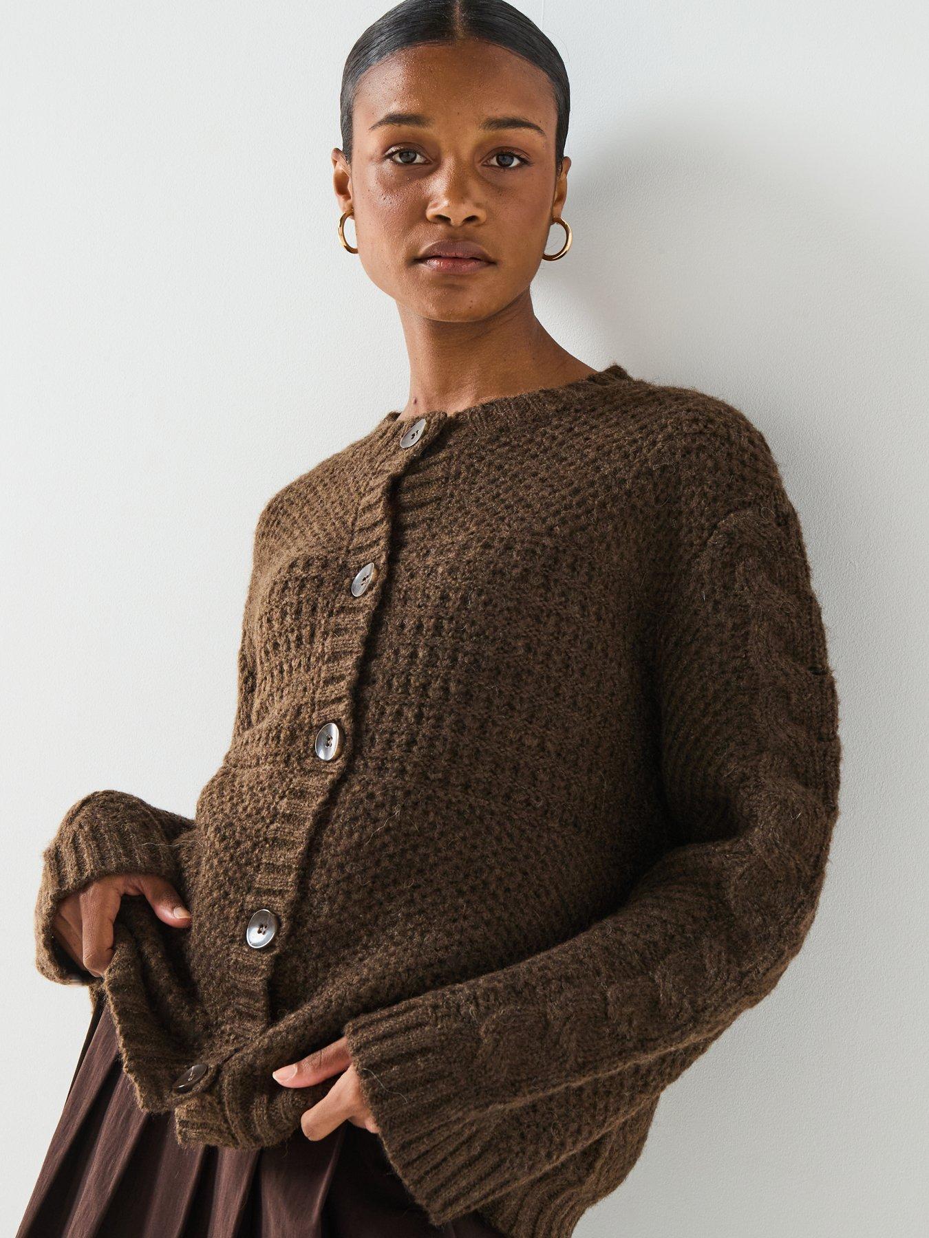  image of pieces-long-sleeve-knitted-cardigan-brown
