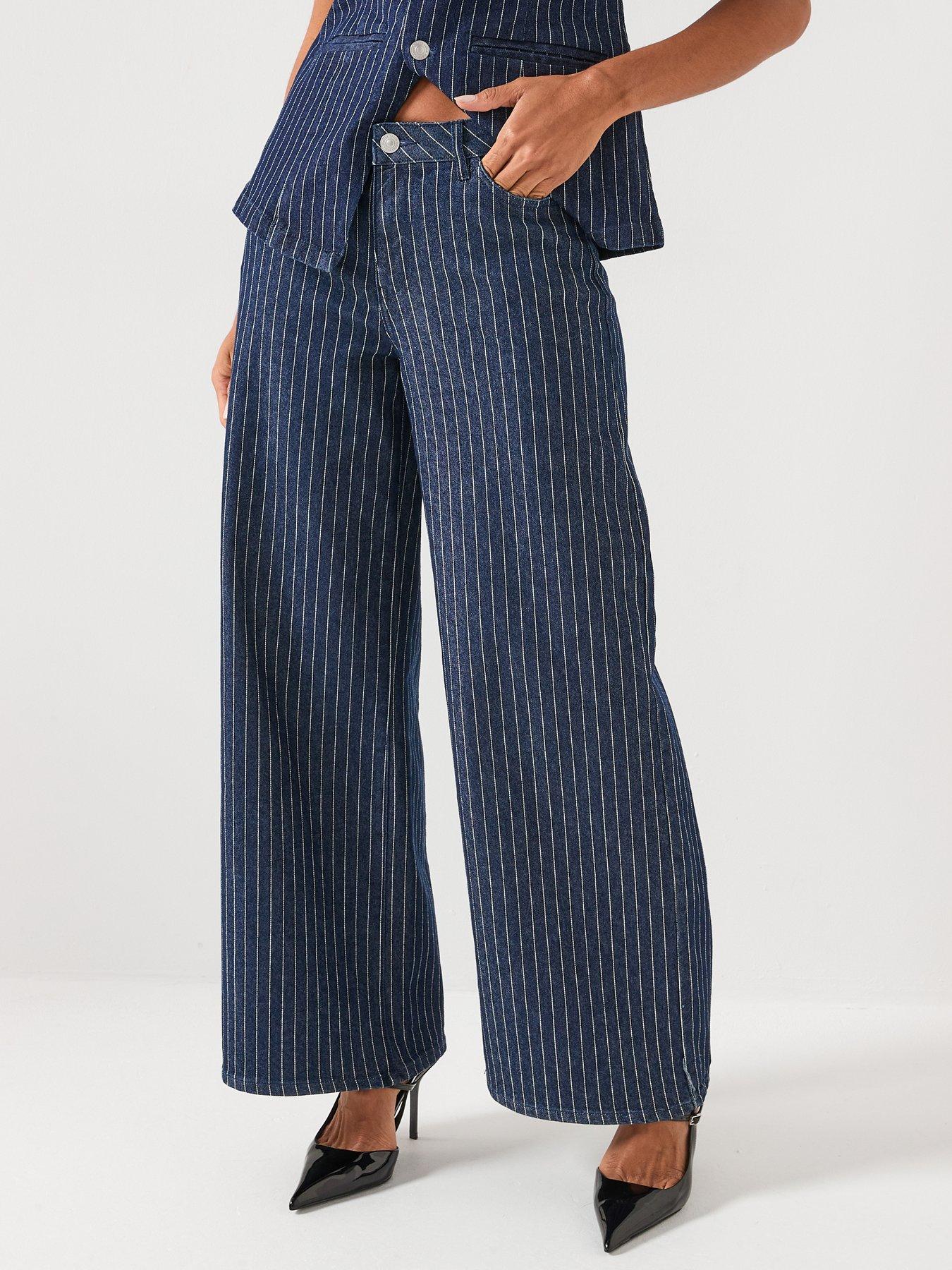 PIECES Rose Wide Striped Denim Jeans - Blue