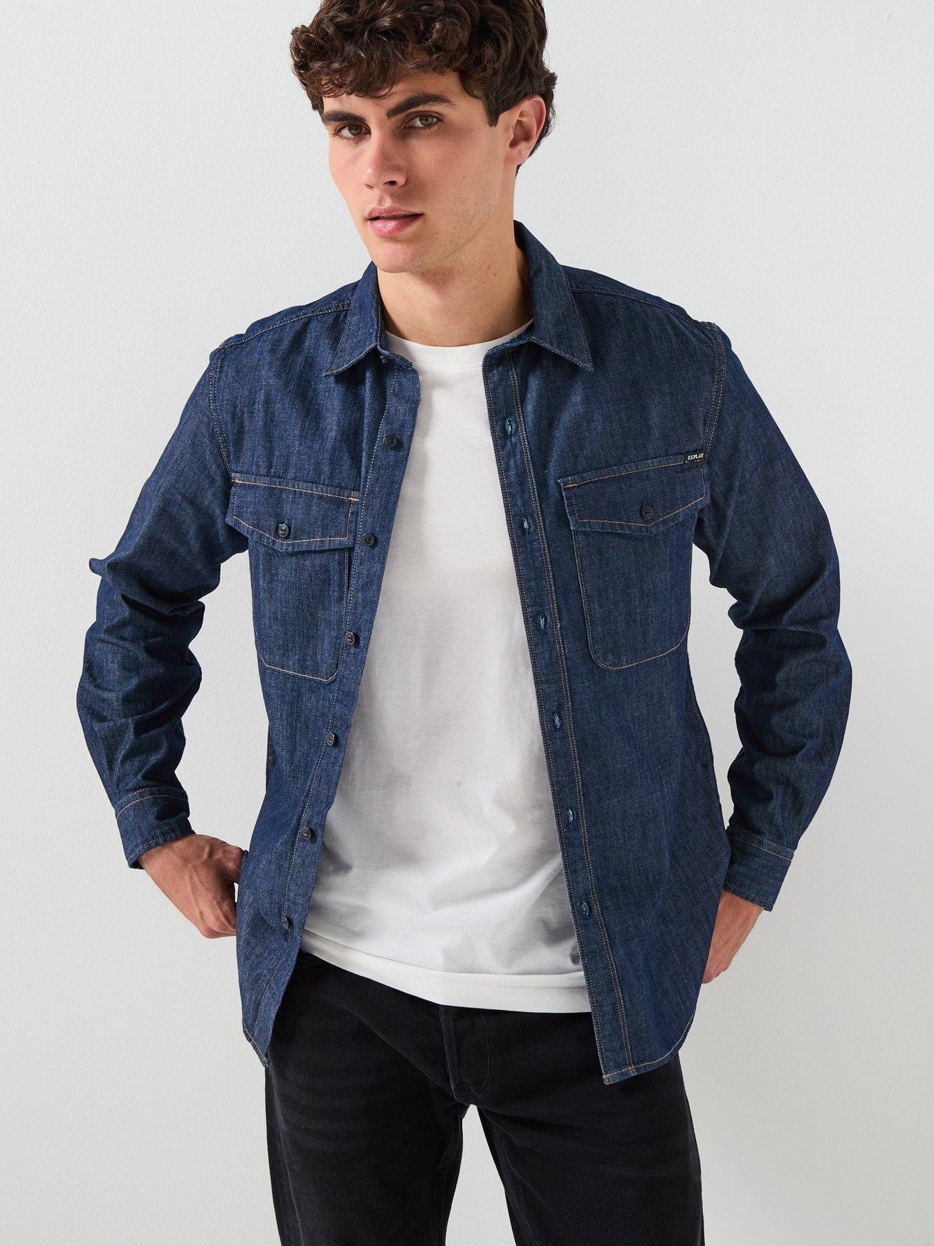 front image of replay-double-pocket-denim-shirt-blue