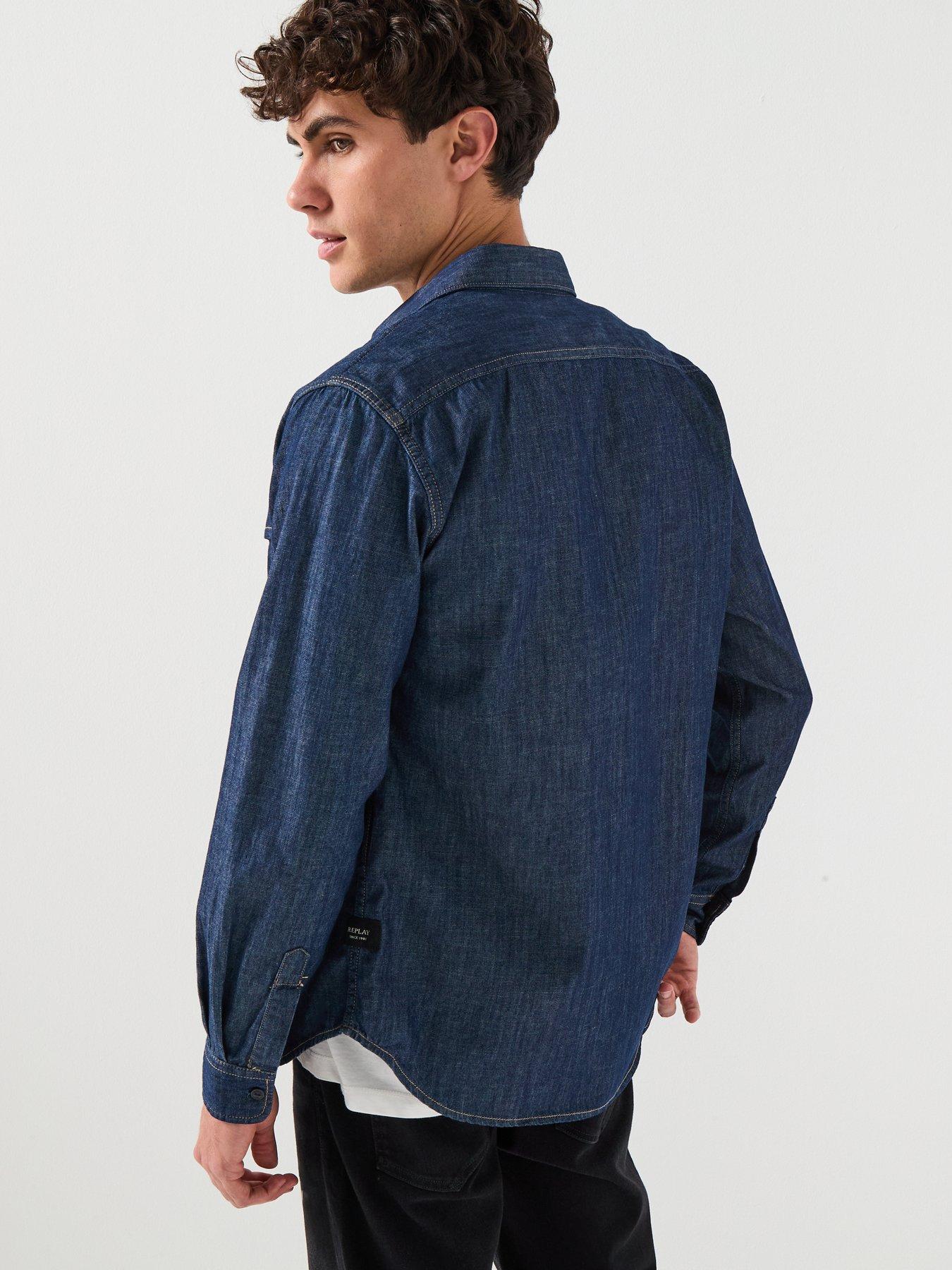 stillFront image of replay-double-pocket-denim-shirt-blue