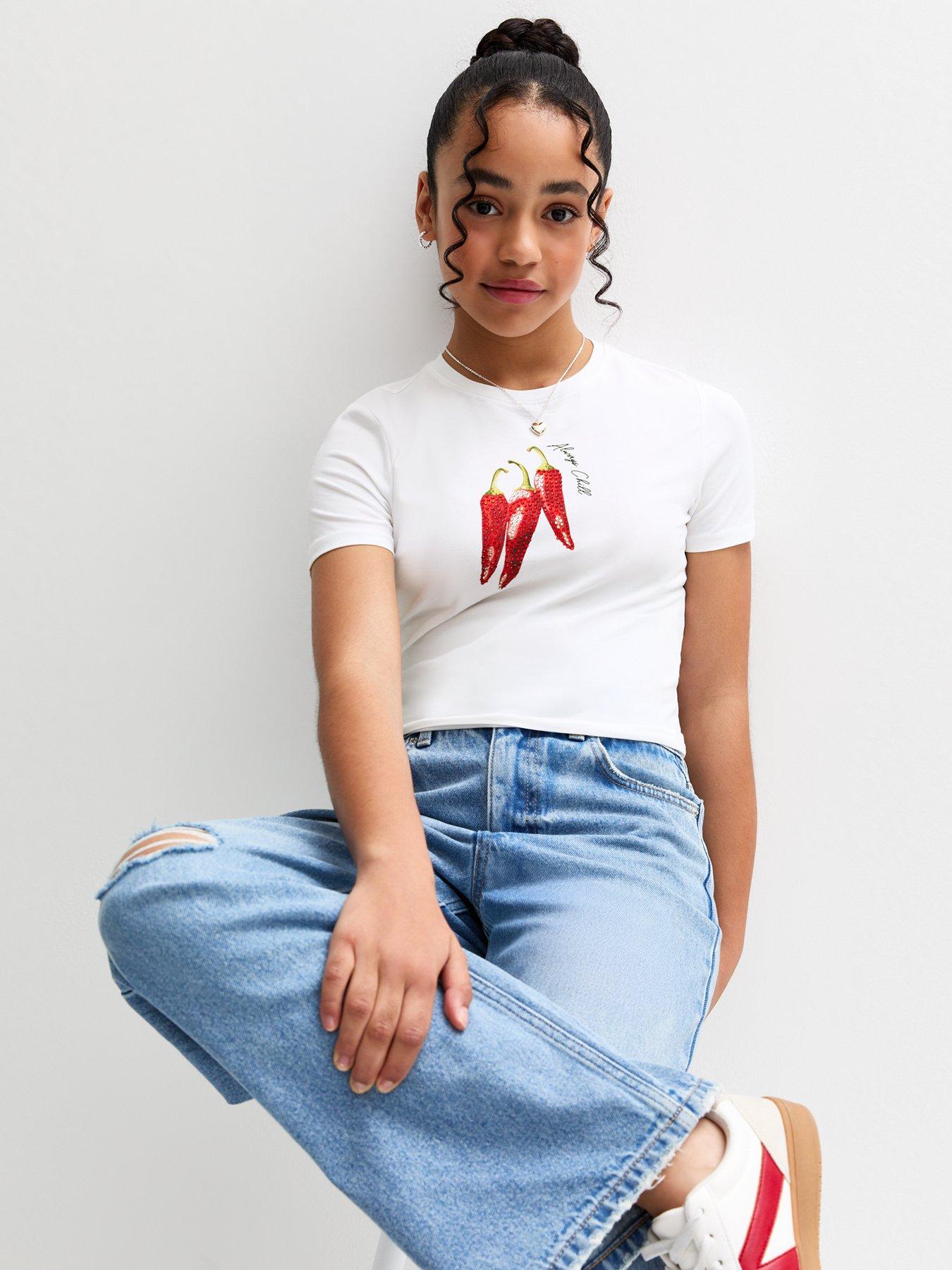 undefined Girls White Always Chill Embellished Chilli T-shirt