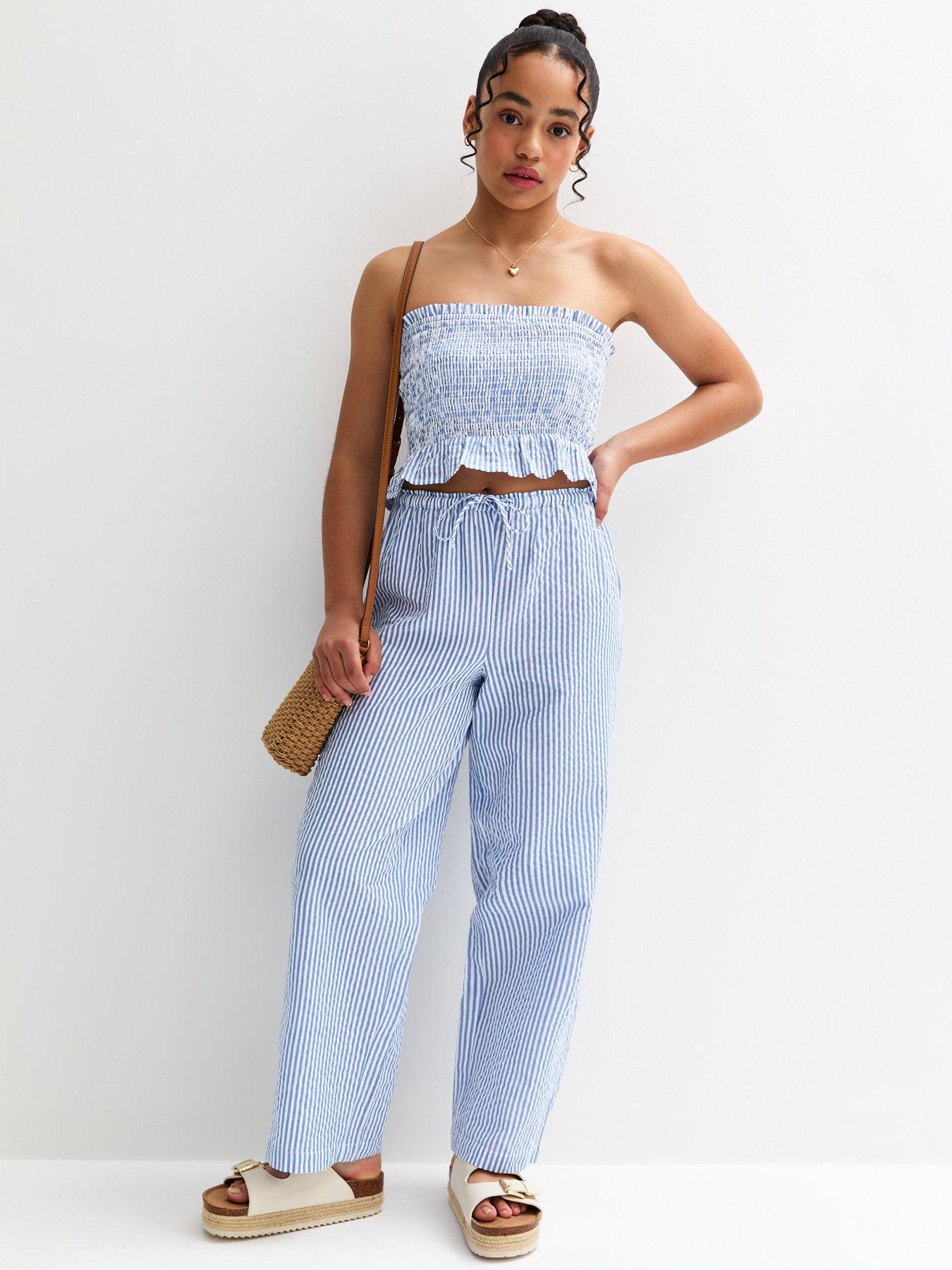undefined Girls Blue Striped Drawstring Waist Trousers