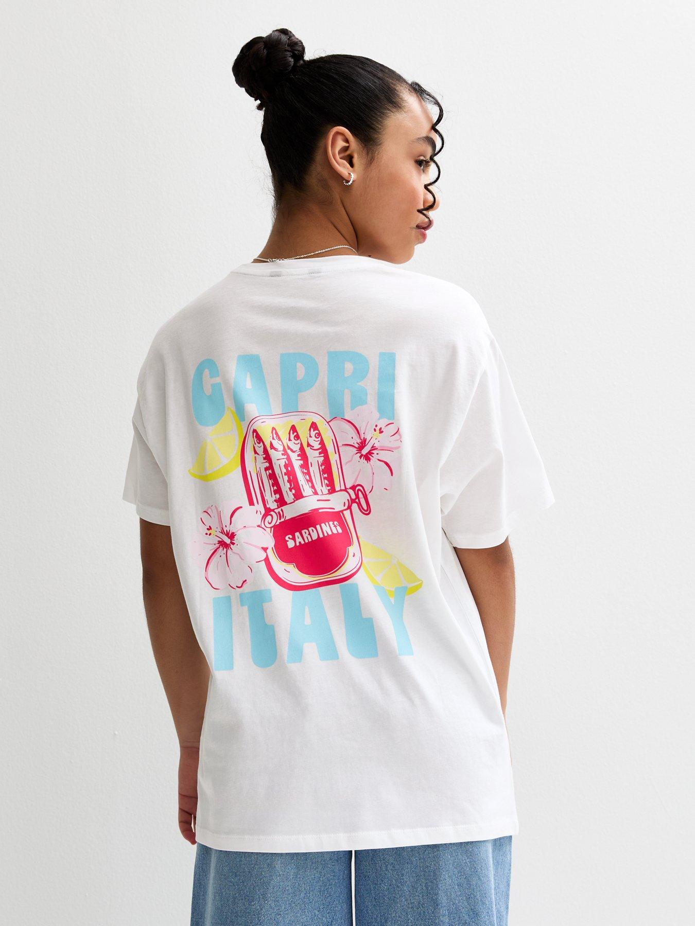 undefined Girls White Capri Sardines Print T-shirt